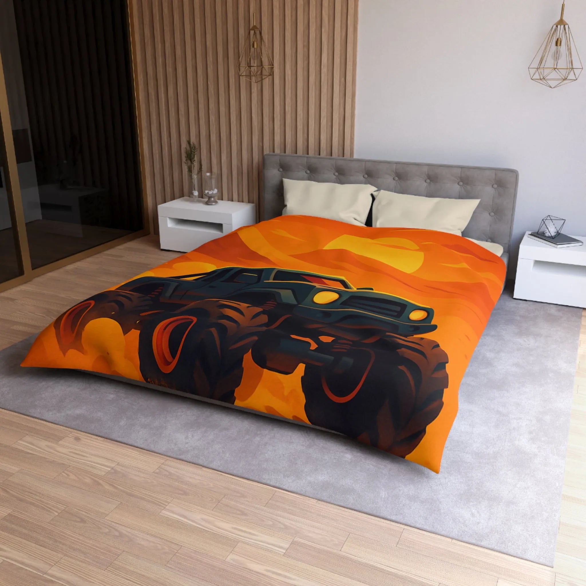 Housse de couette camion monstres désert coucher de soleil aventure pour chambre d'enfant