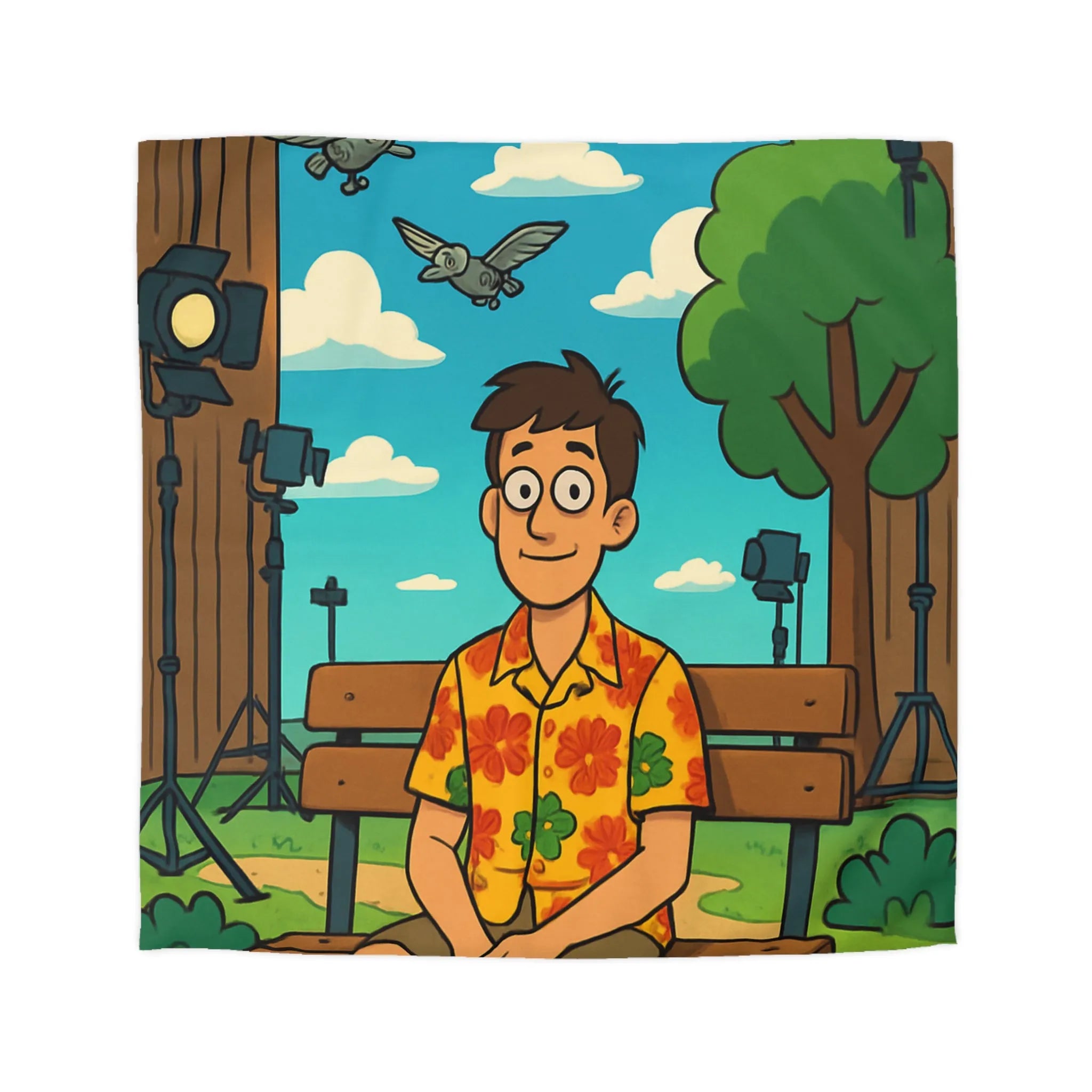 Housse de couette amusante avec motif de banc, homme et oiseaux volants