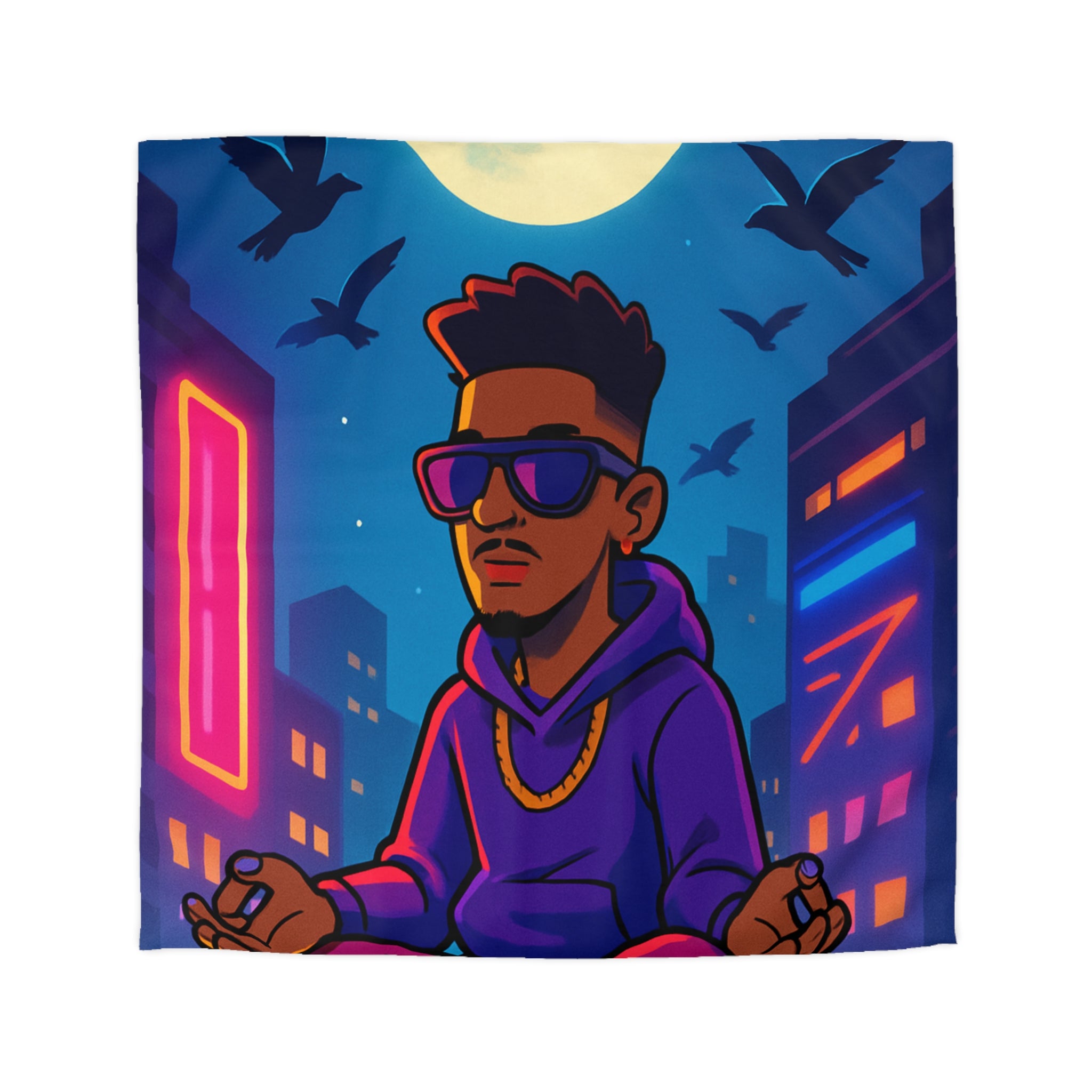 Housse de Couette Représentant Jeune Méditant Sur Toit en Ville, Pleine Lune Derrière