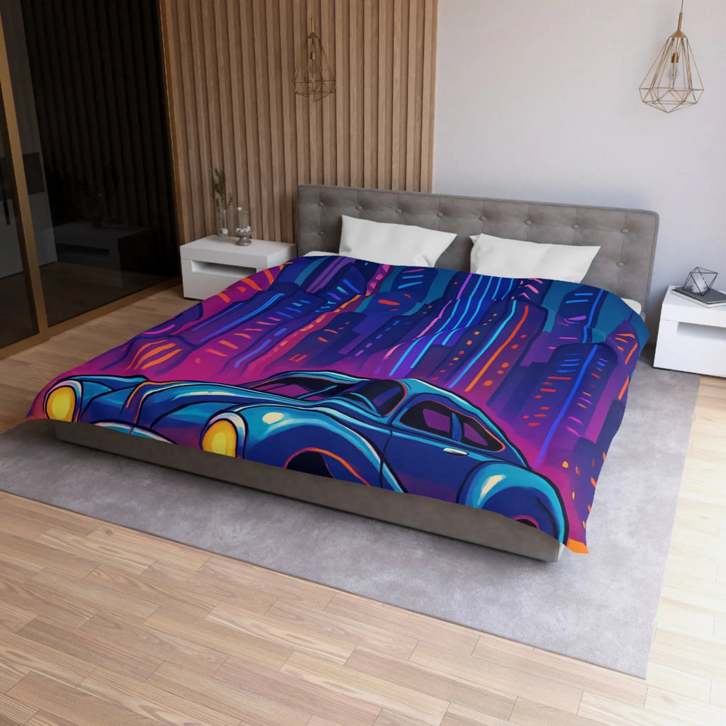 Housse de Couette Futuriste avec Voiture Vintage et Ville Lumineuse Style Néon