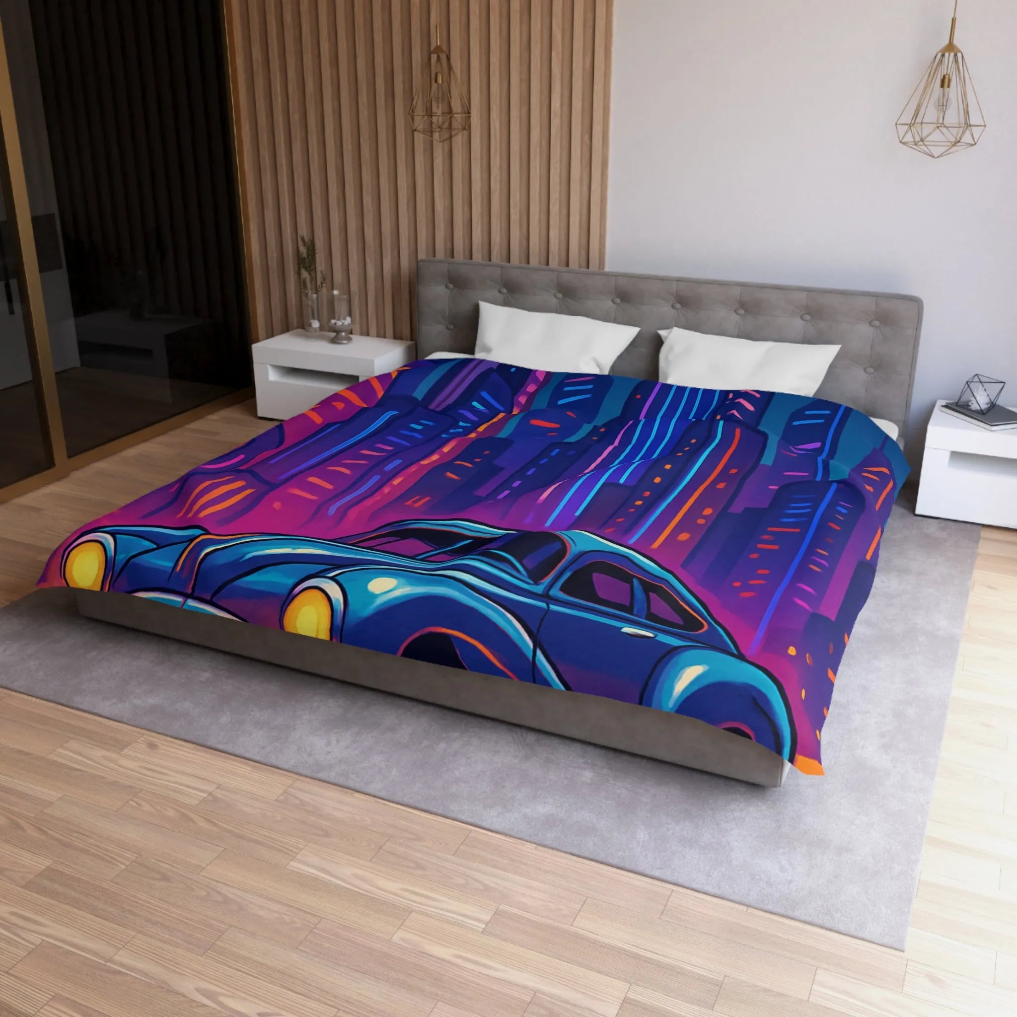 Housse de Couette Futuriste avec Voiture Vintage et Ville Lumineuse Style Néon