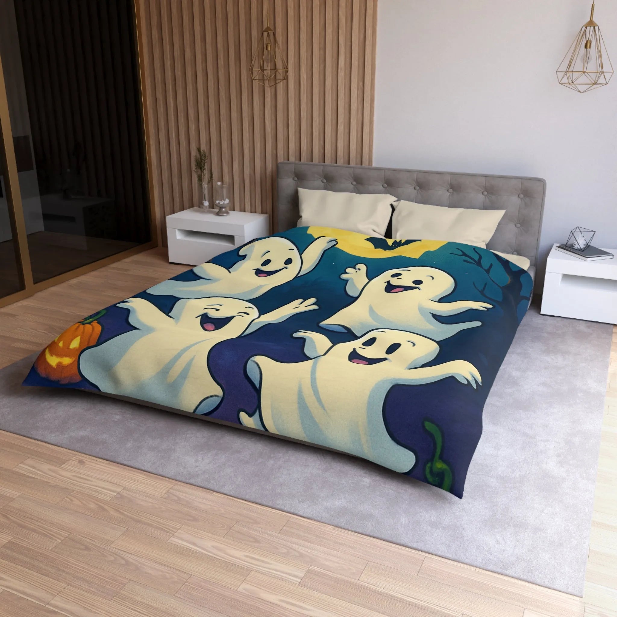 Housse de couette fantaisie avec esprits dansants sous lune et chauves-souris effrayantes