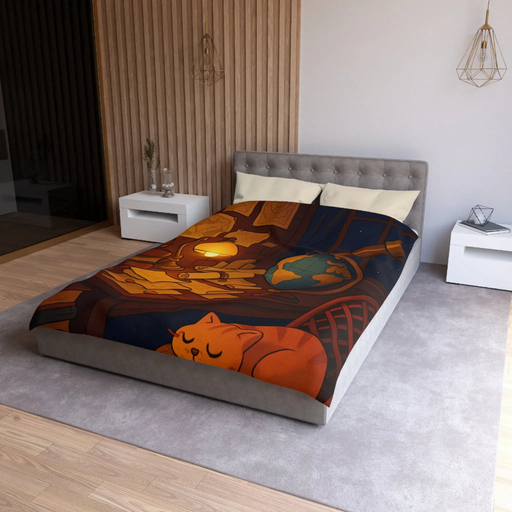 Housse de Couette Astronomie Vintage avec Chat et Globe Terrestre pour Chambre Apaisante