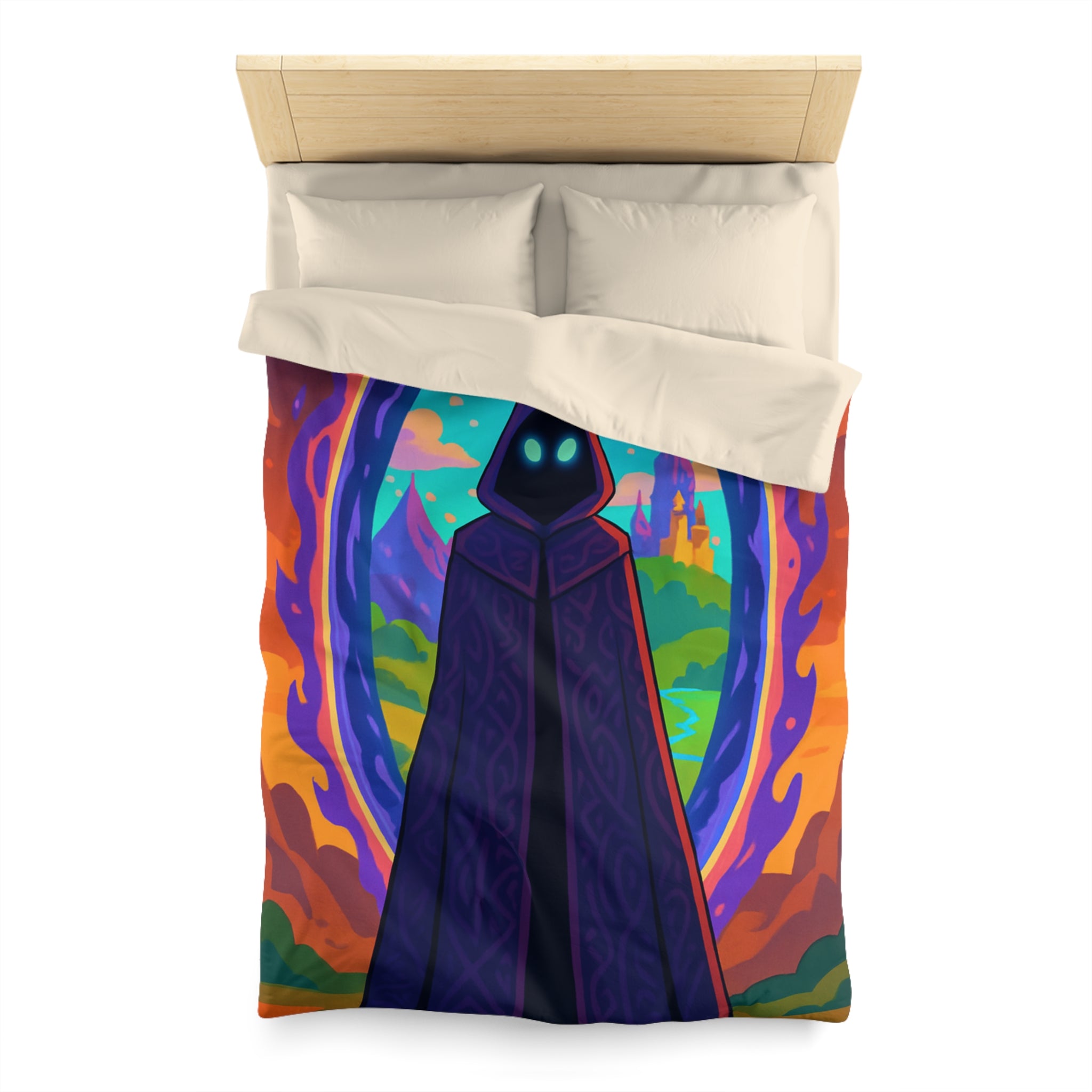 Mystérieux paysage enchanté avec mage en robe près du portail vibrant coloré