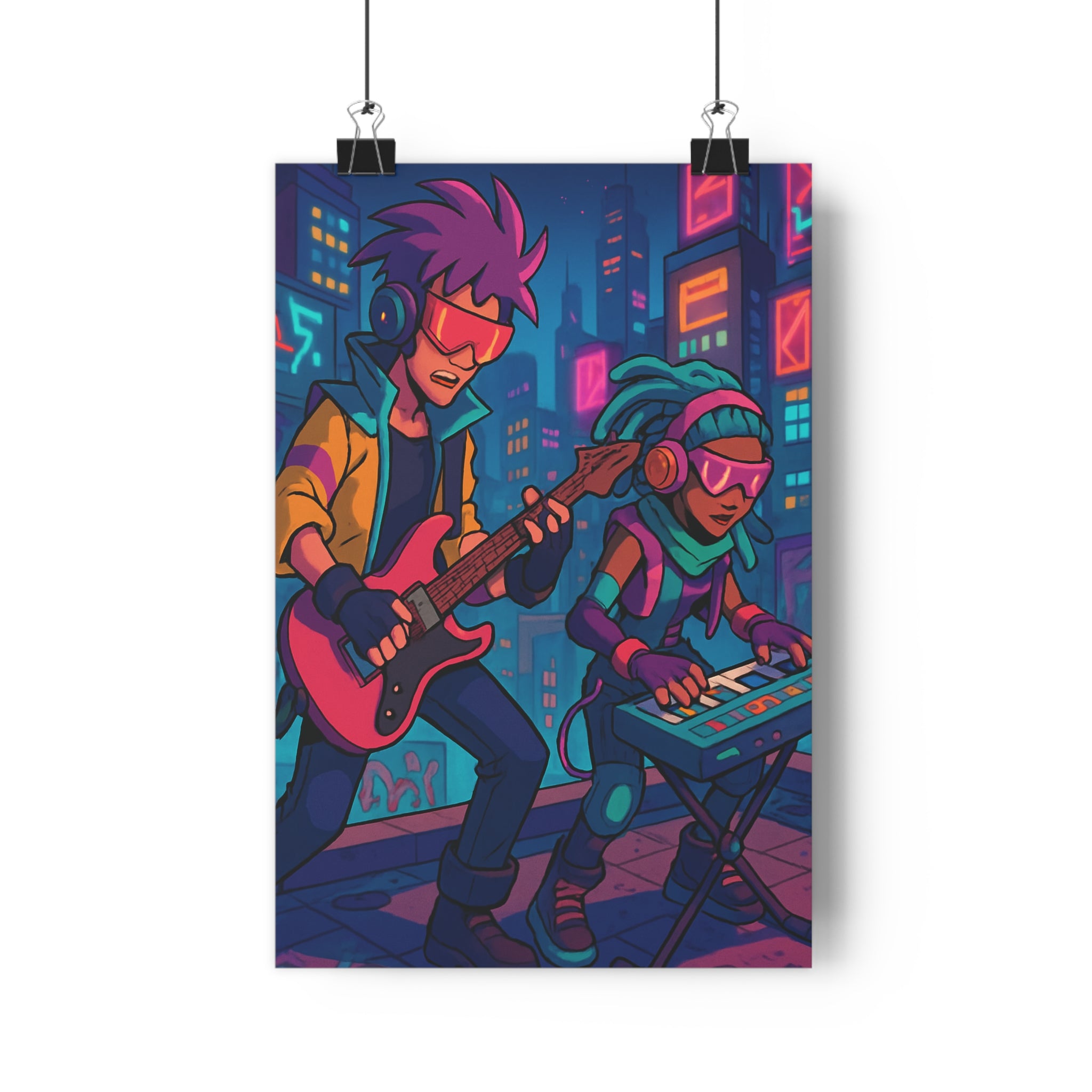 Poster décoratif urbain moderne musique futuriste néon vibrant salon chambre coloré tendance dynamique rétro