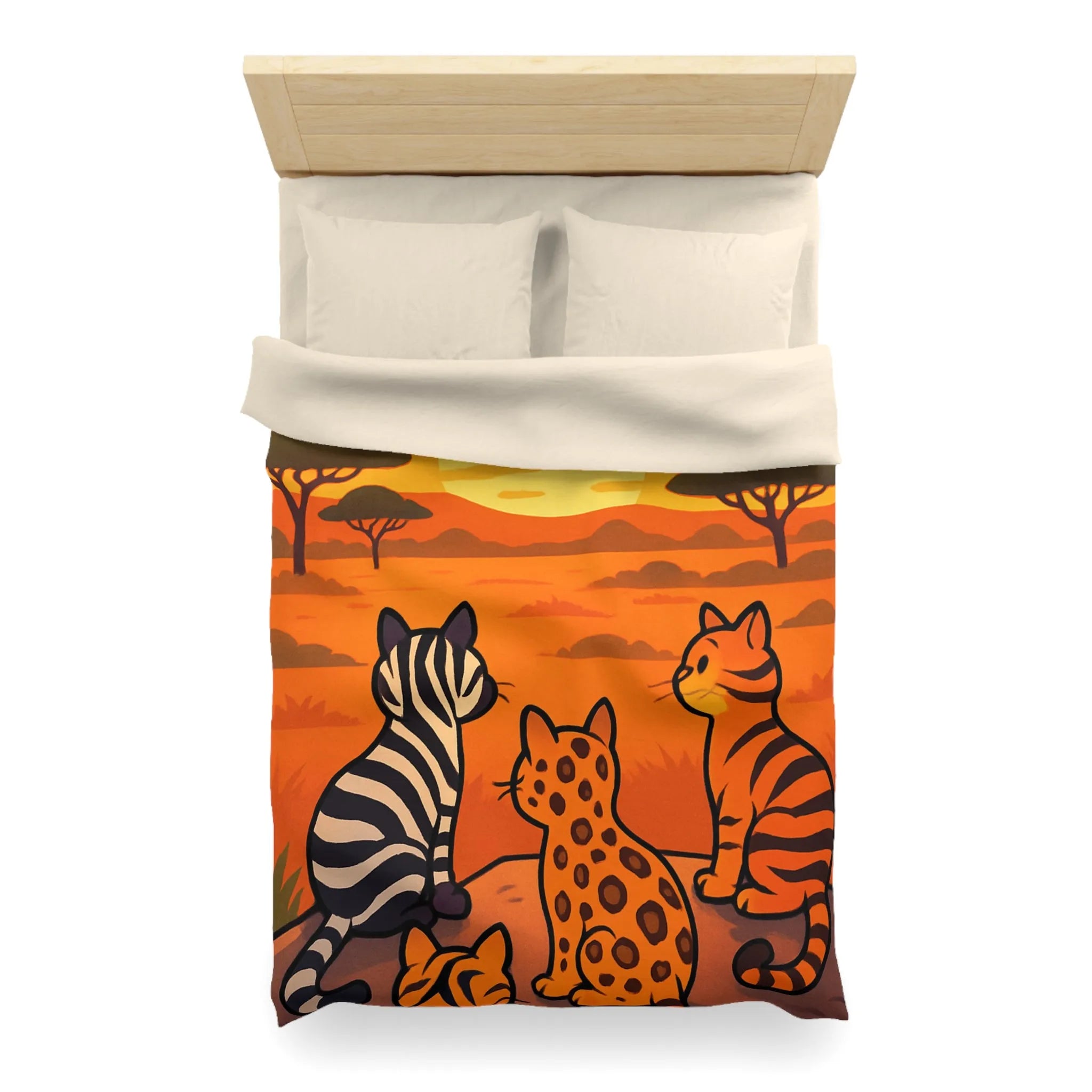 Housse de Couette avec Chats Sauvages Observant le Coucher de Soleil en Savane Africaine