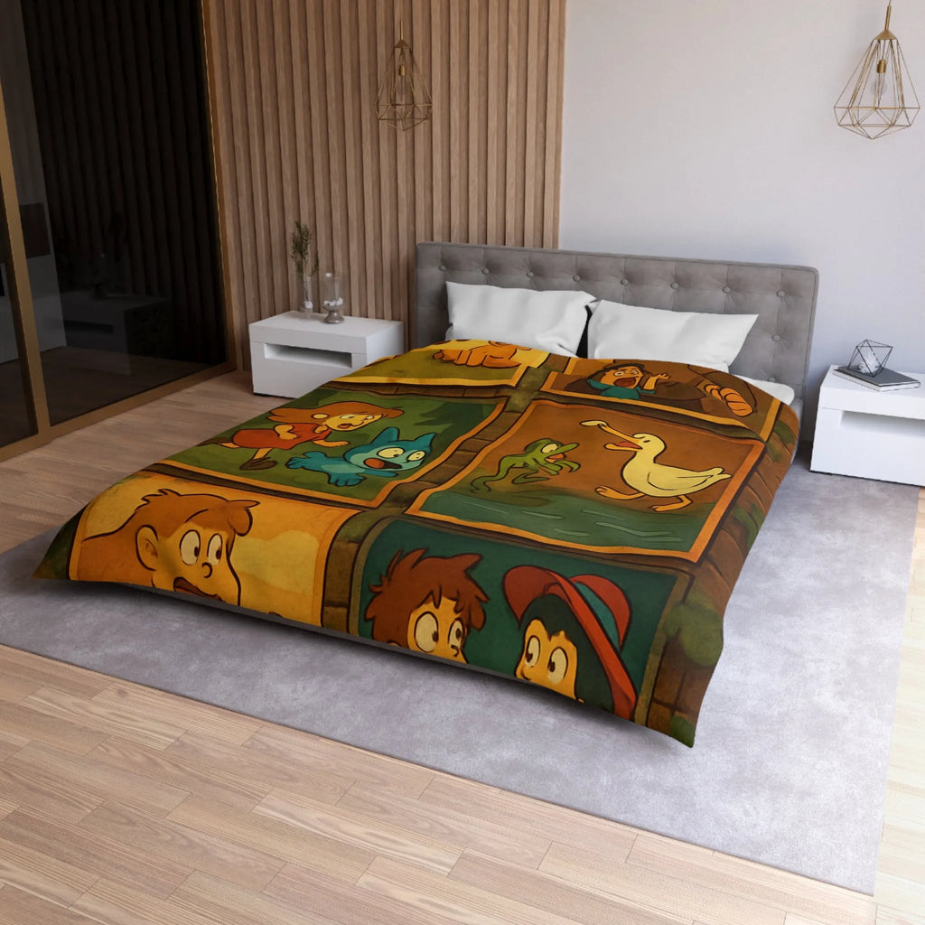 Housse de couette illustrée de scènes animées animalières et humaines ludiques et colorées