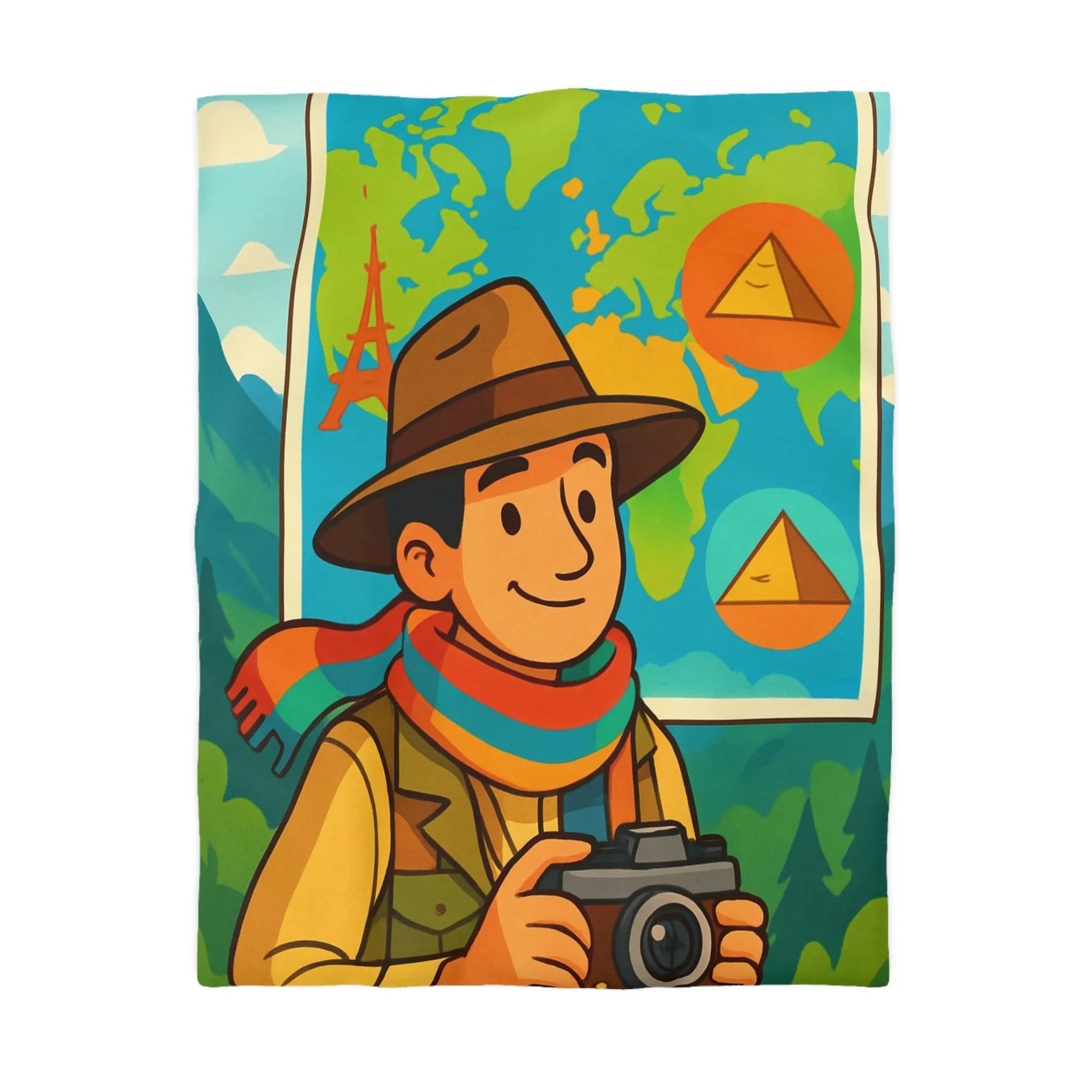 Housse de Couette Aventure Monde Carte Explorateur avec Illustrations Colorées et Éléments Culturels