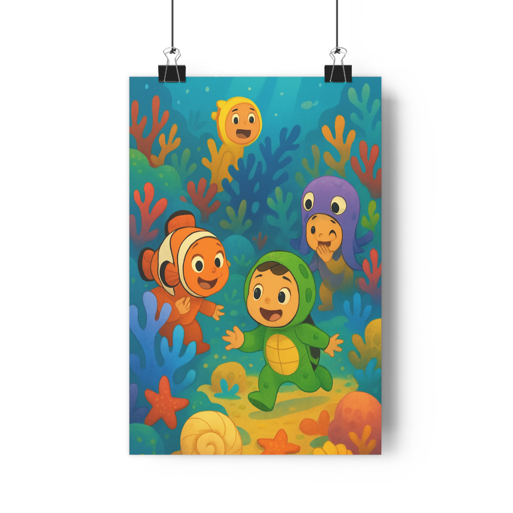 Poster décoratif enfantin coloré joyeux océanique bleu rouge vert corail chambre ludique amusant vibrant