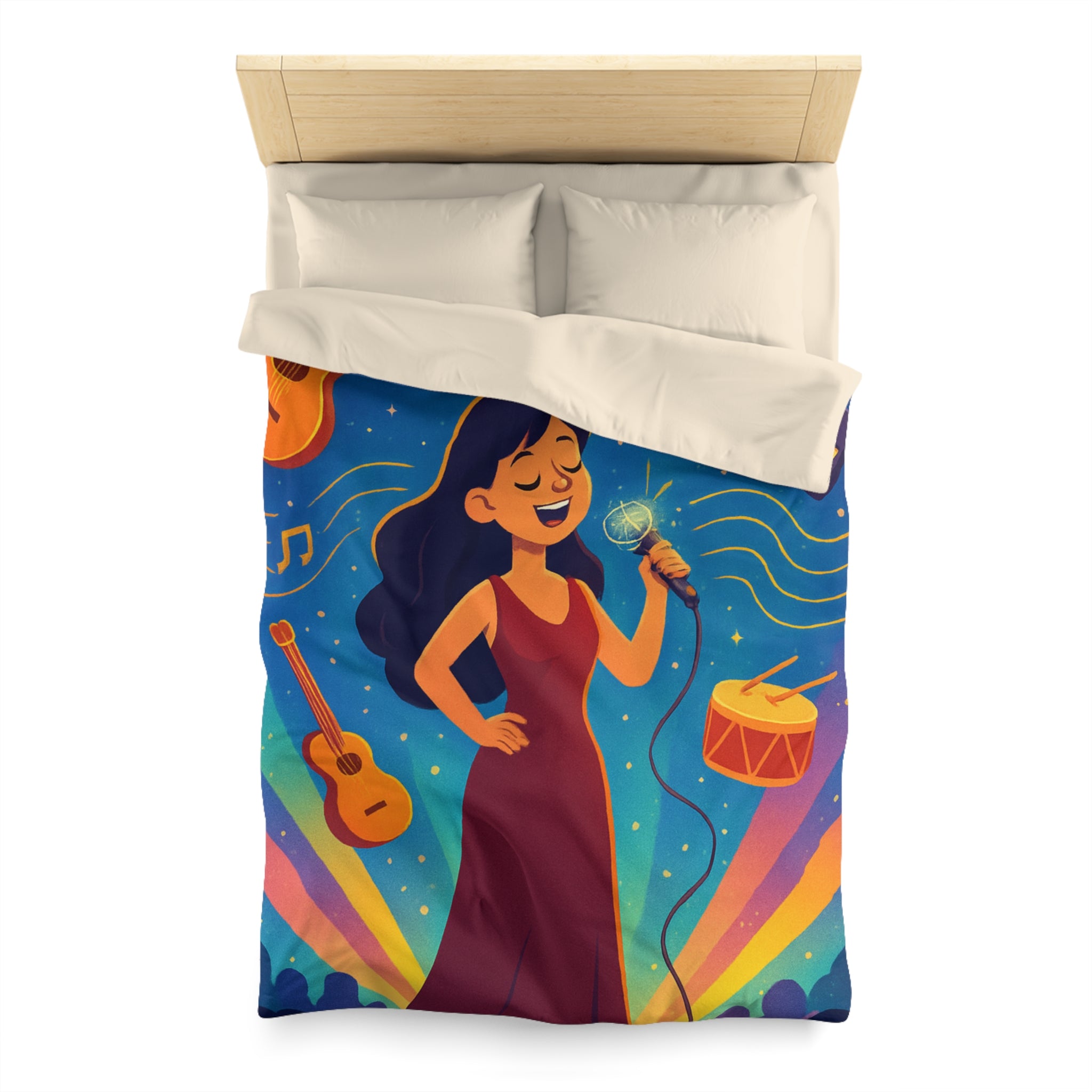 Housse de couette vibrante avec scène musicale, chanteuse et instruments illustrés colorés