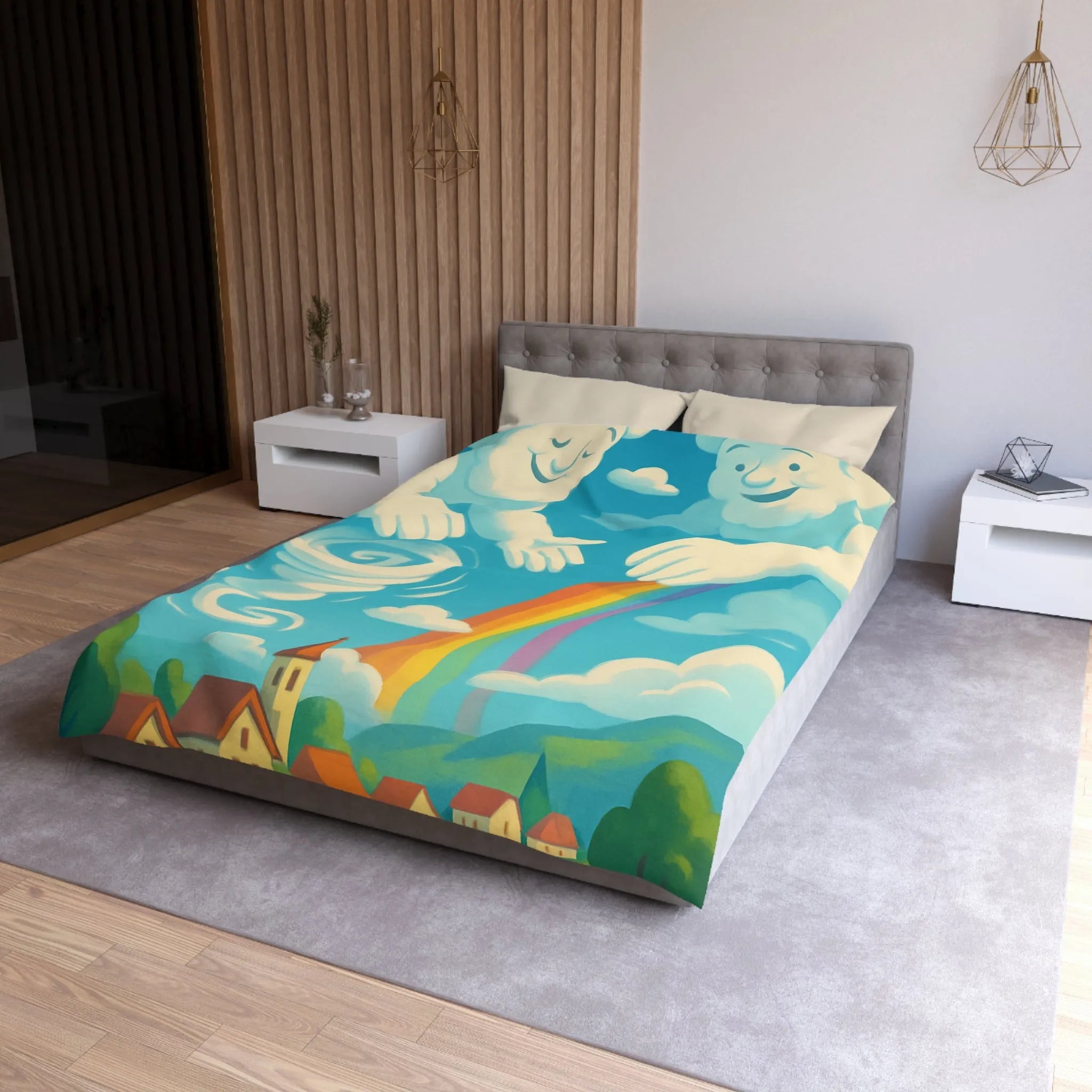 Art ludique de nuages souriants au-dessus d'un village teinté de couleurs vives