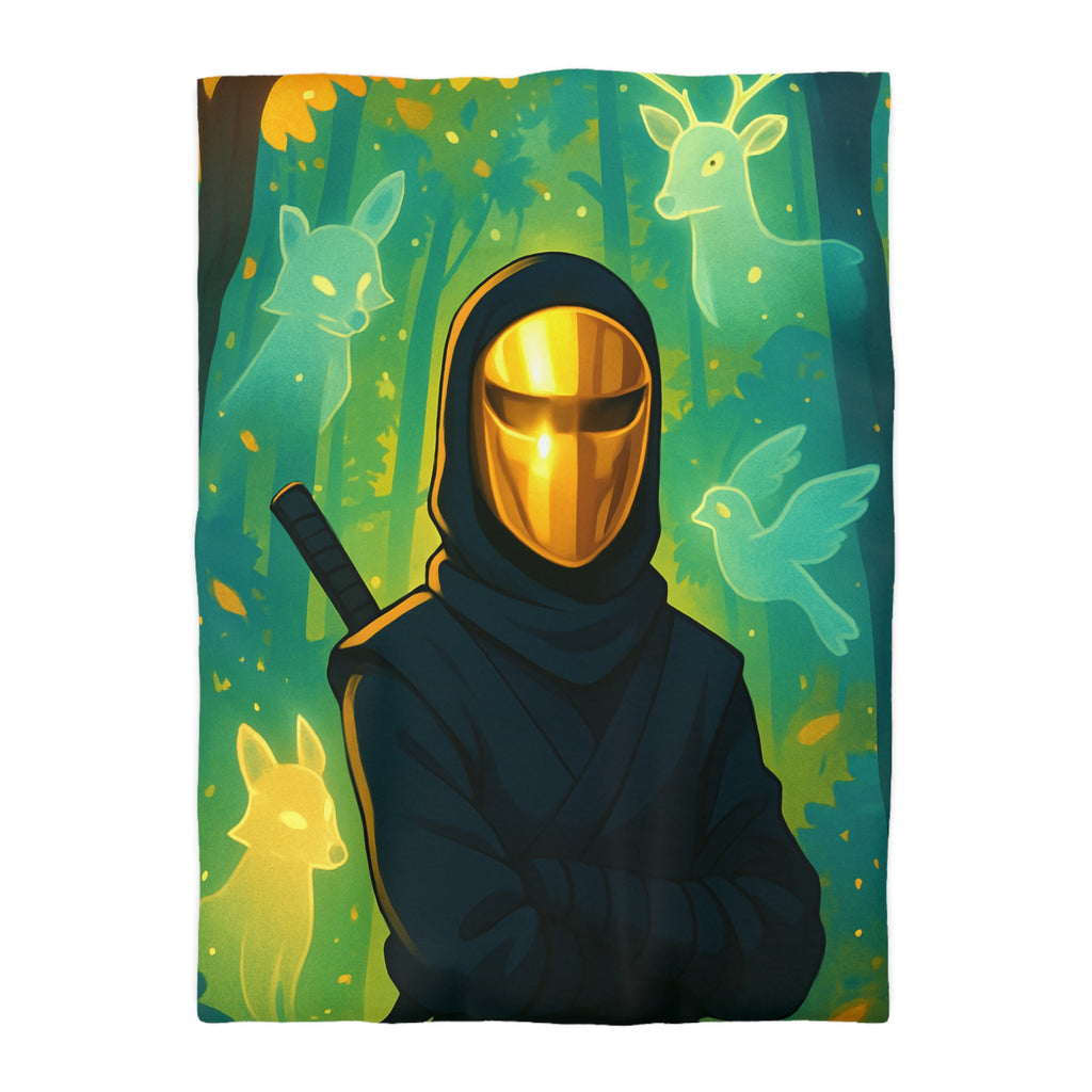 Housse de couette ninja doré avec animaux mystiques et forêts enchantées lumineuses