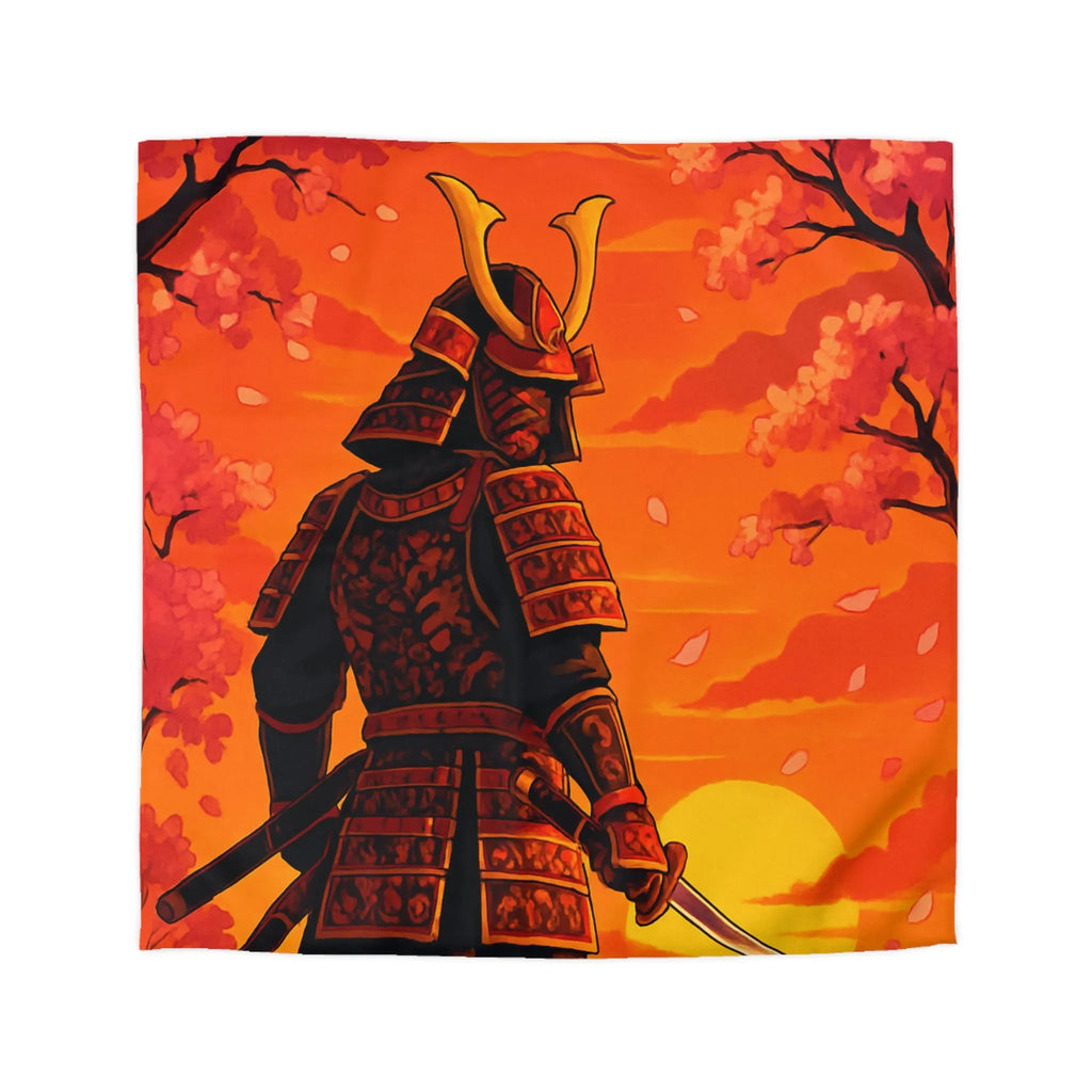 Housse de couette avec motif samouraï au coucher du soleil, arbres et fleurs roses