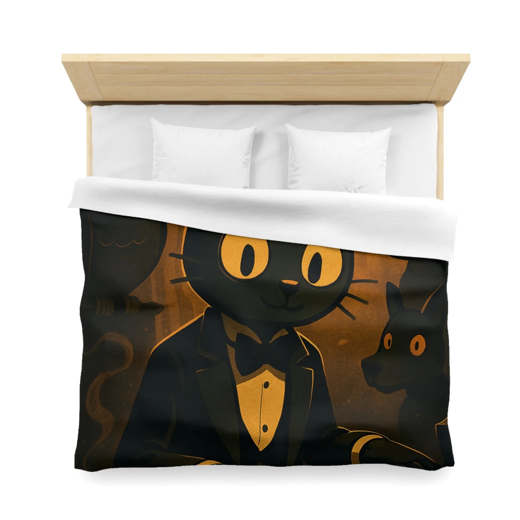 Housse de couette chat noir jouant du piano avec hibou et lapin en arrière-plan