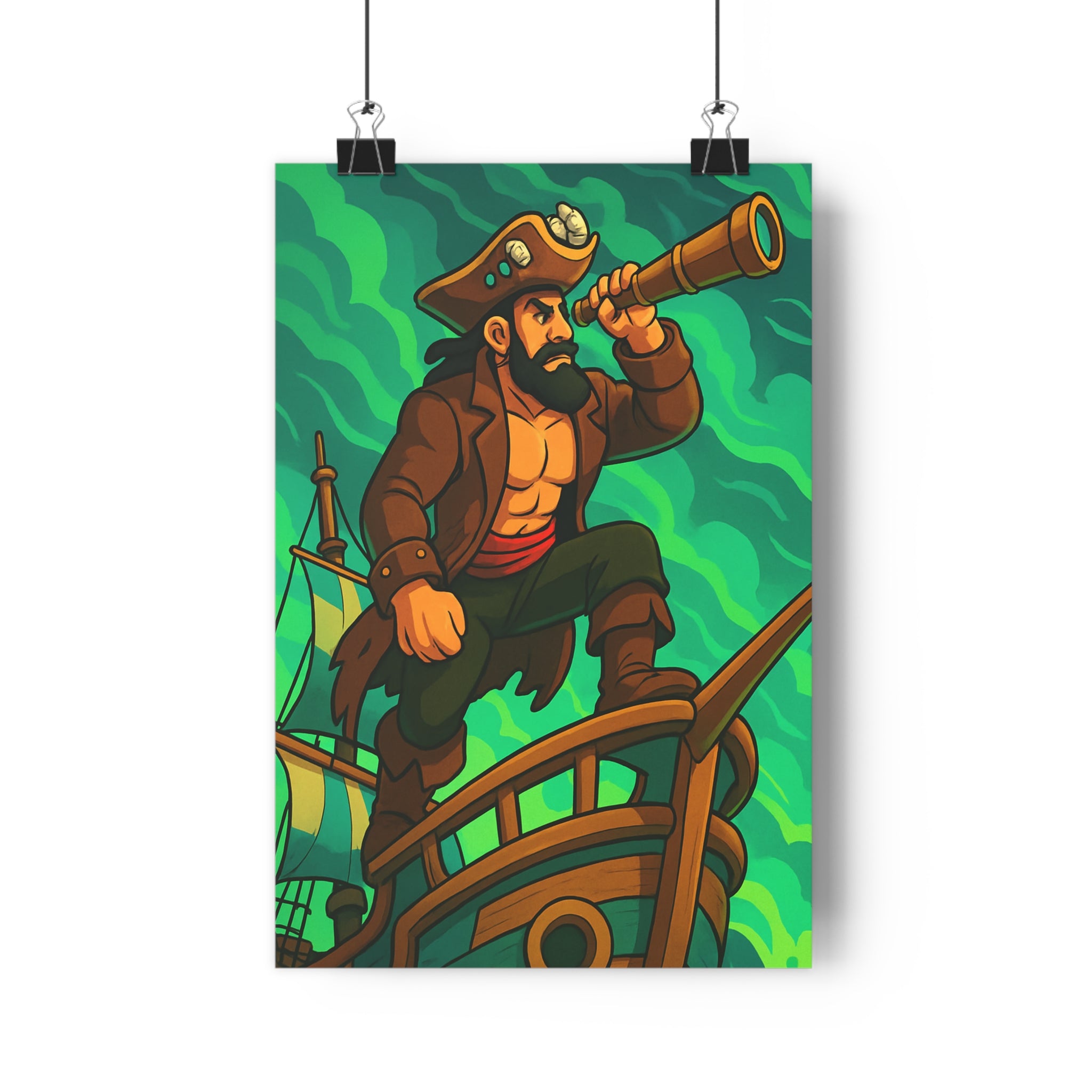 Poster décoratif pirate aventure dynamique vert bleu bureau chambre animation 30x46 navire courageux suspense