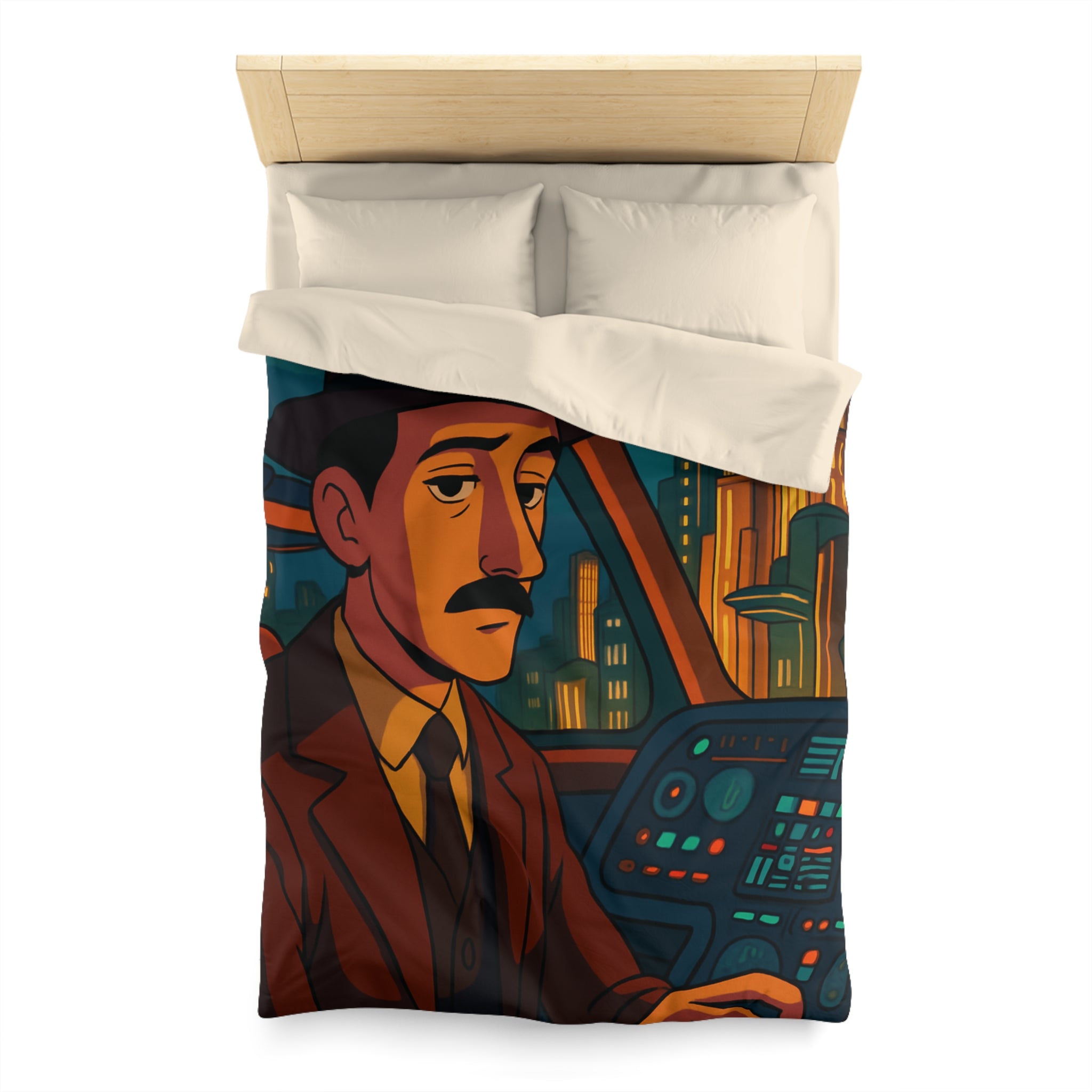 Housse de couette rétro-futuriste avec illustration de ville et pilote dans vaisseau