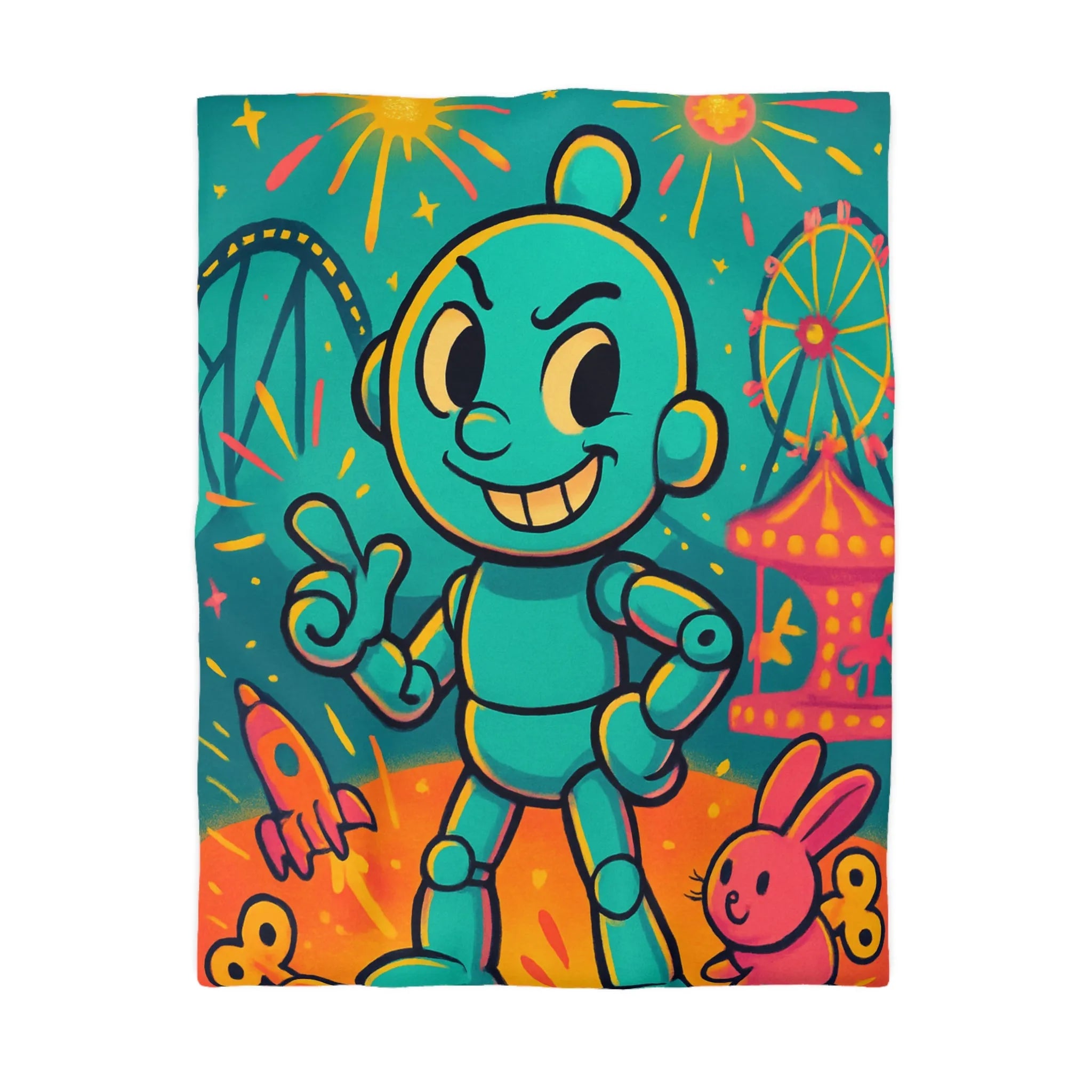 Housse de Couette Ludique avec Robot Jouet et Feux d’Artifice Multicolores pour Enfants