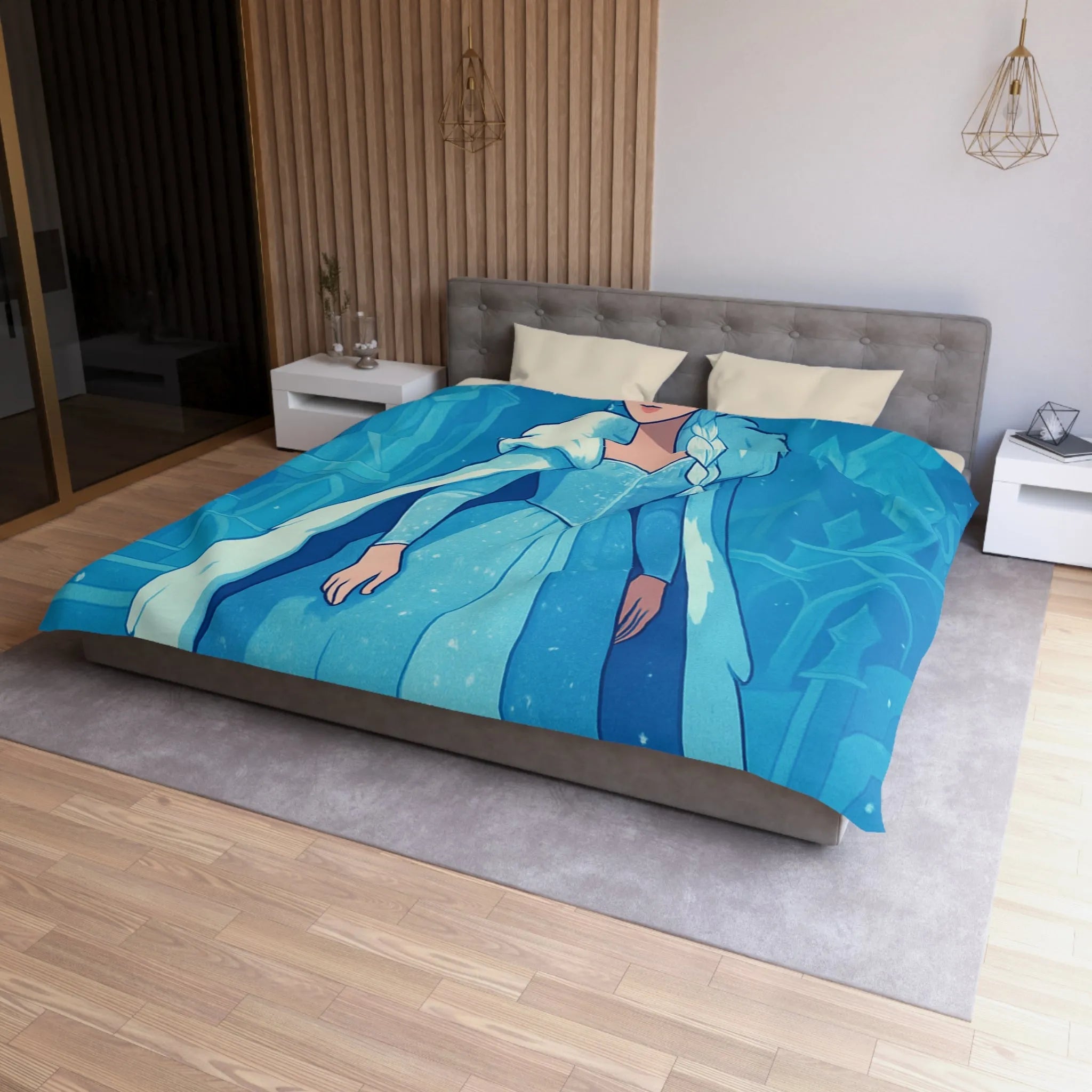 Éblouissante Housse de Couette Reine des Glaces Bleue avec Aurora Boréale et Château