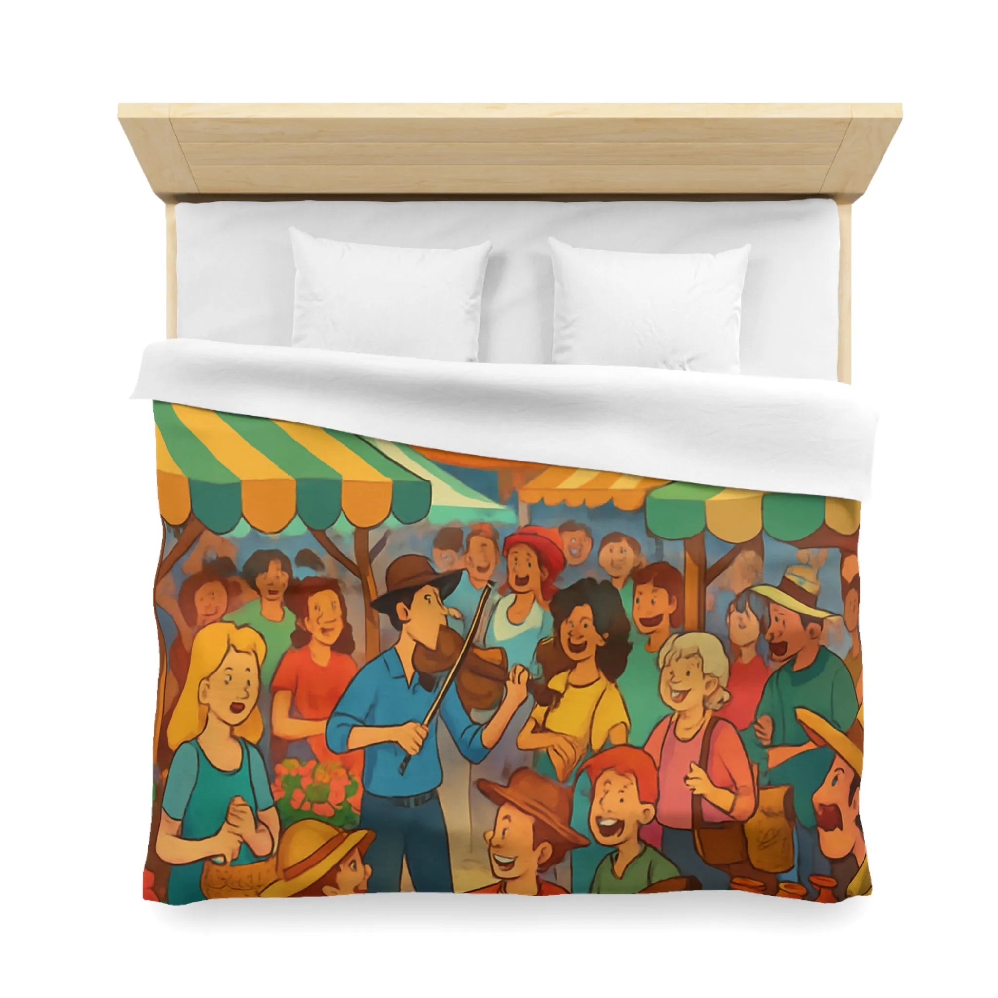 Housse de couette colorée avec scène de marché animé et ambiance joyeuse en plein air