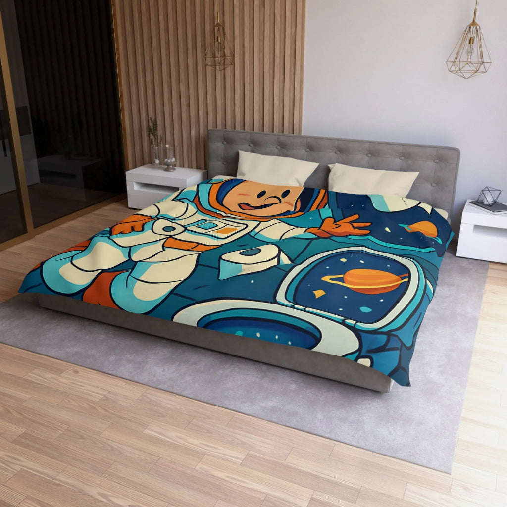 Housse de couette avec astronaute joyeux en cabine spatiale avec rouleaux flottants