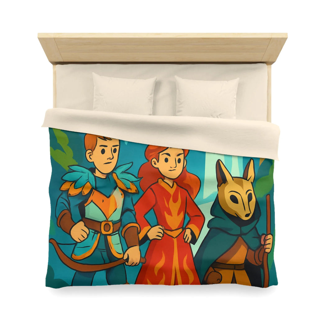 Housse de couette avec illustration aventureuse de personnages devant une cascade majestueuse