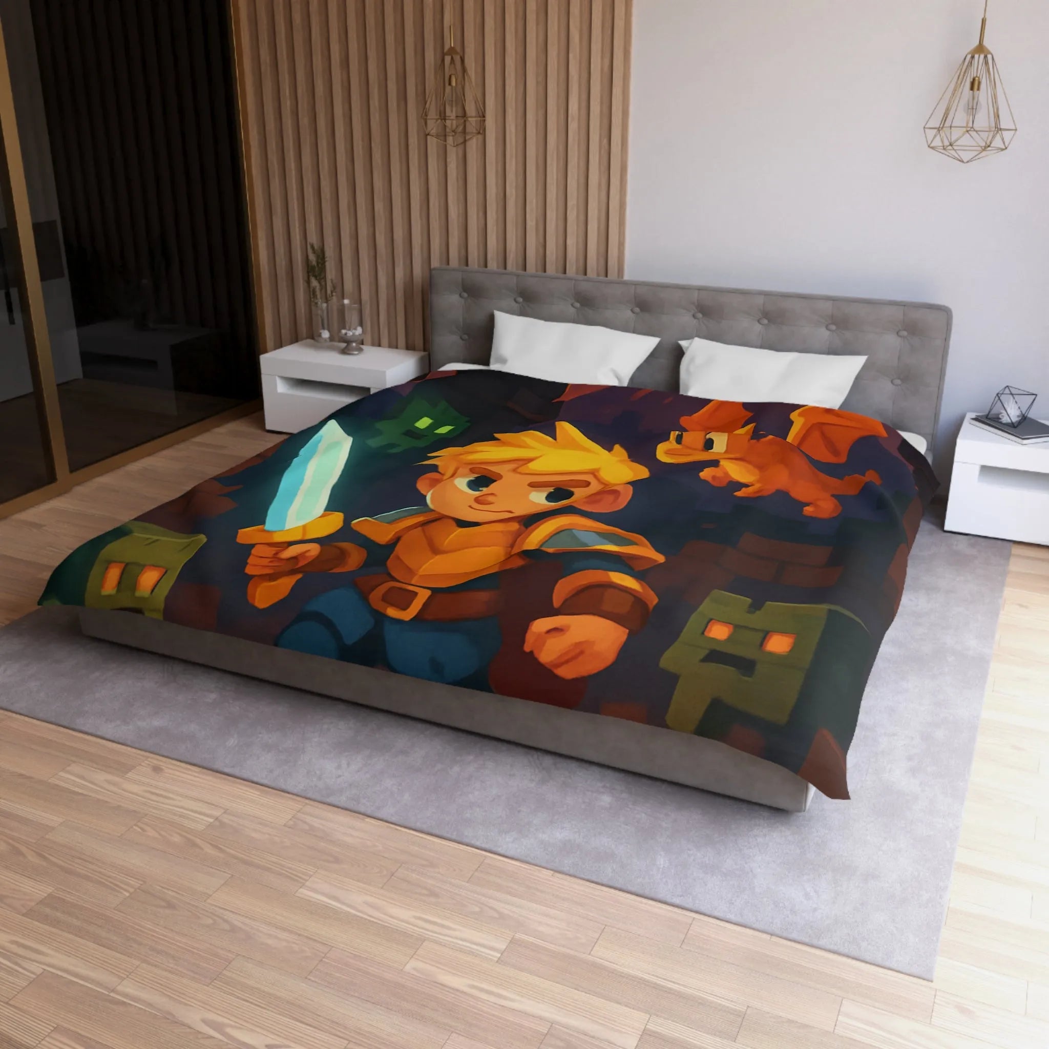 Housse de couette épique avec héros, dragon, volcan en feu et créatures cubiques