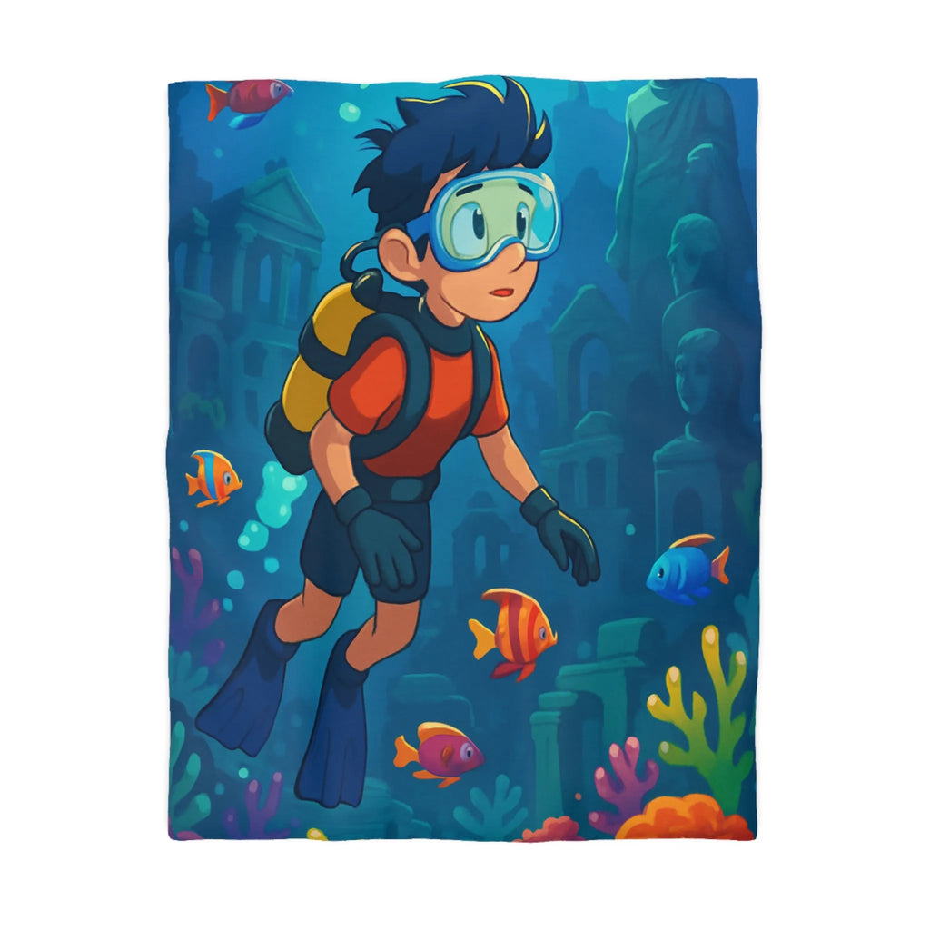 Housse de couette colorée avec plongeur et ruines sous-marines, poissons tropicaux vibrants