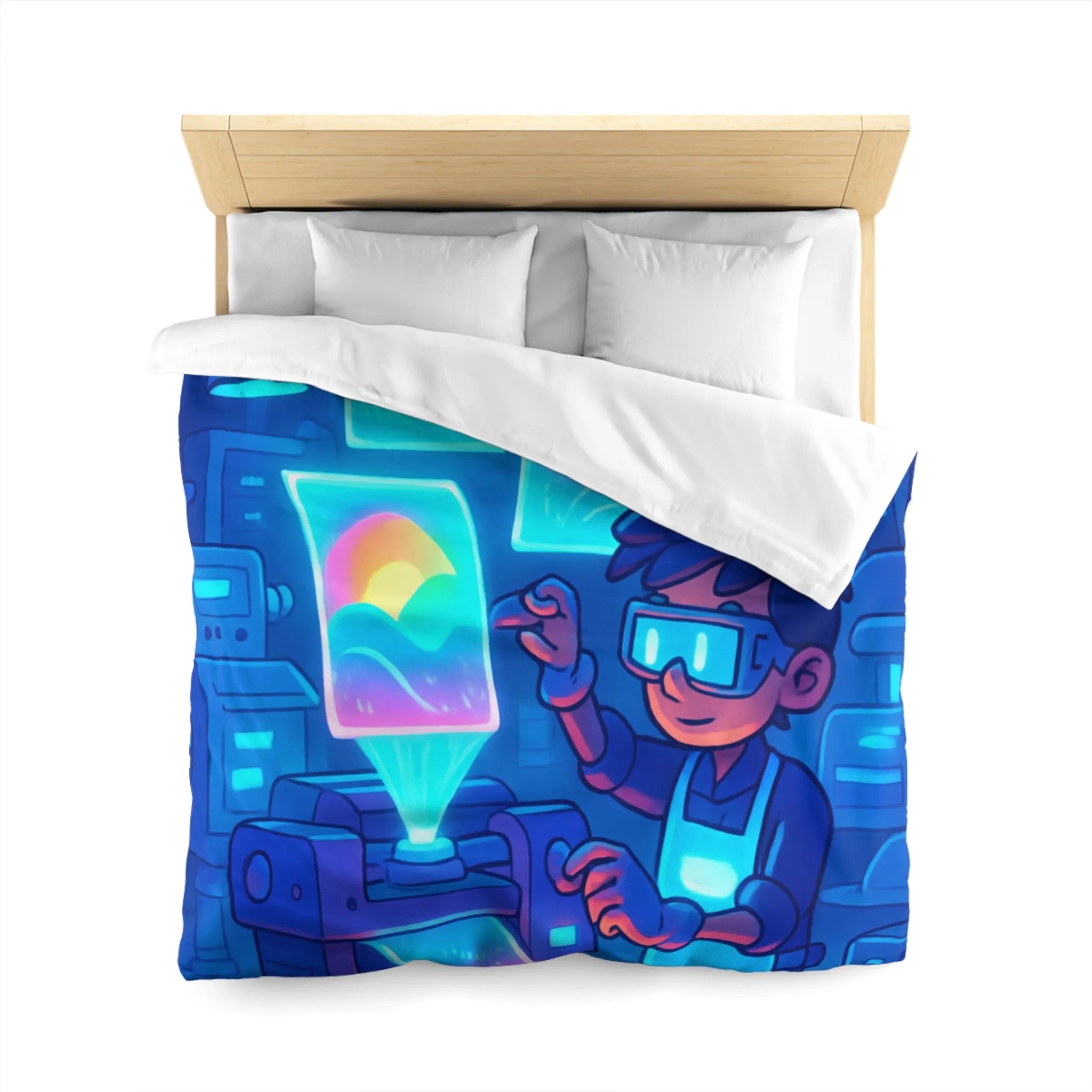 Housse de couette avec design futuriste lumineux d'imprimante et personnage créatif