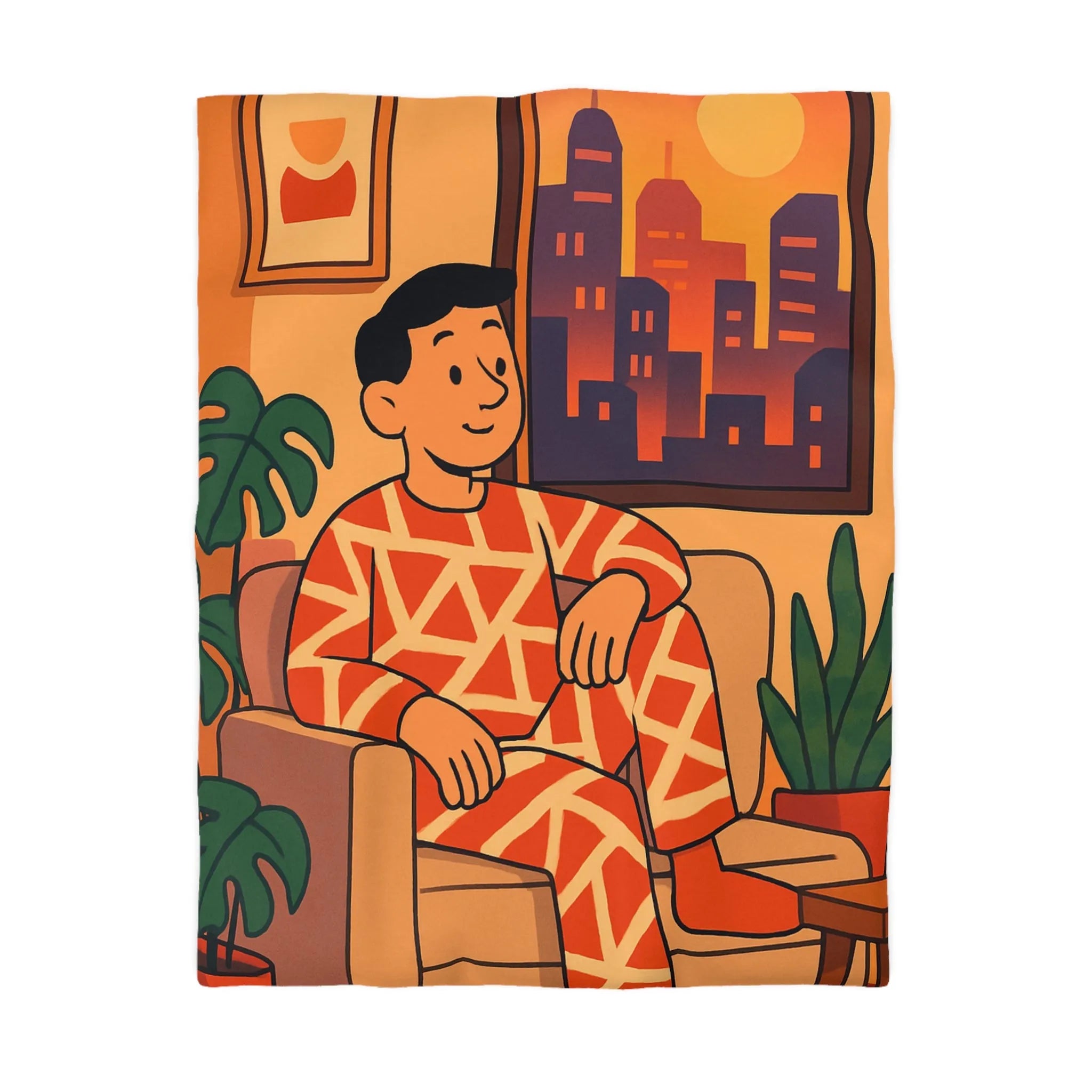 Housse de couette aux motifs géométriques avec scène de coucher de soleil en ville