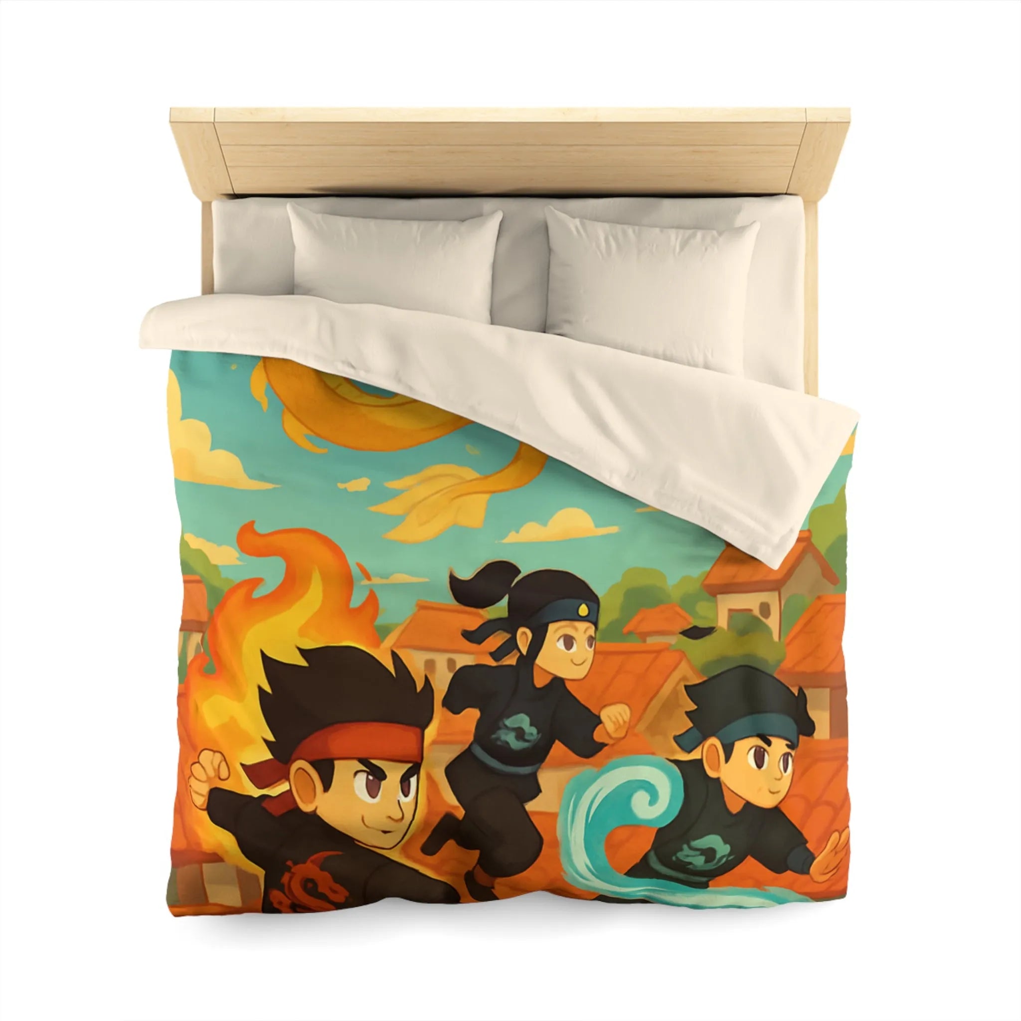 Housse de couette avec ninjas sautant et dragon doré dans un ciel ensoleillé