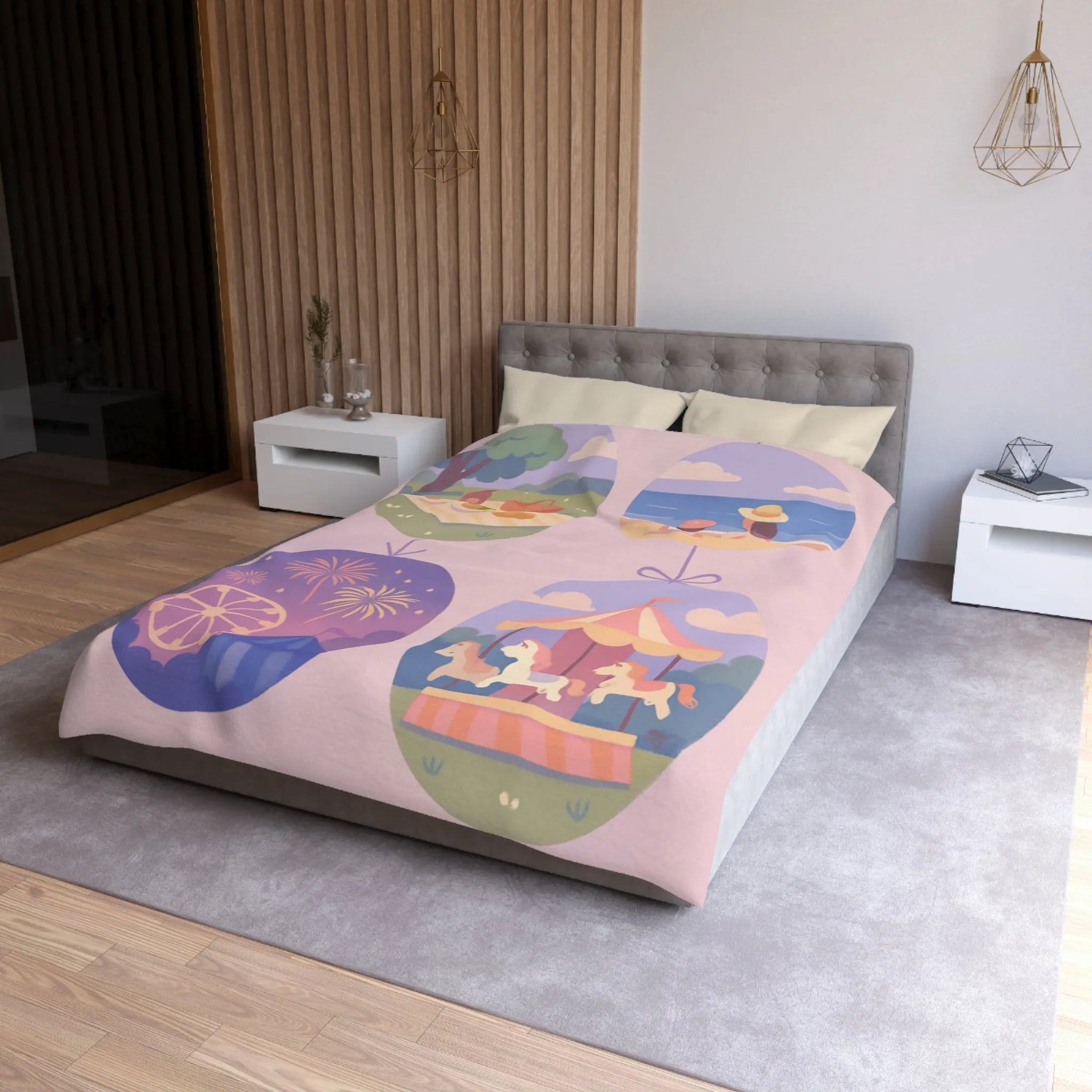 Douce Housse de Couette avec Scènes de Nature et Loisir Pastel Évoquant Sérénité