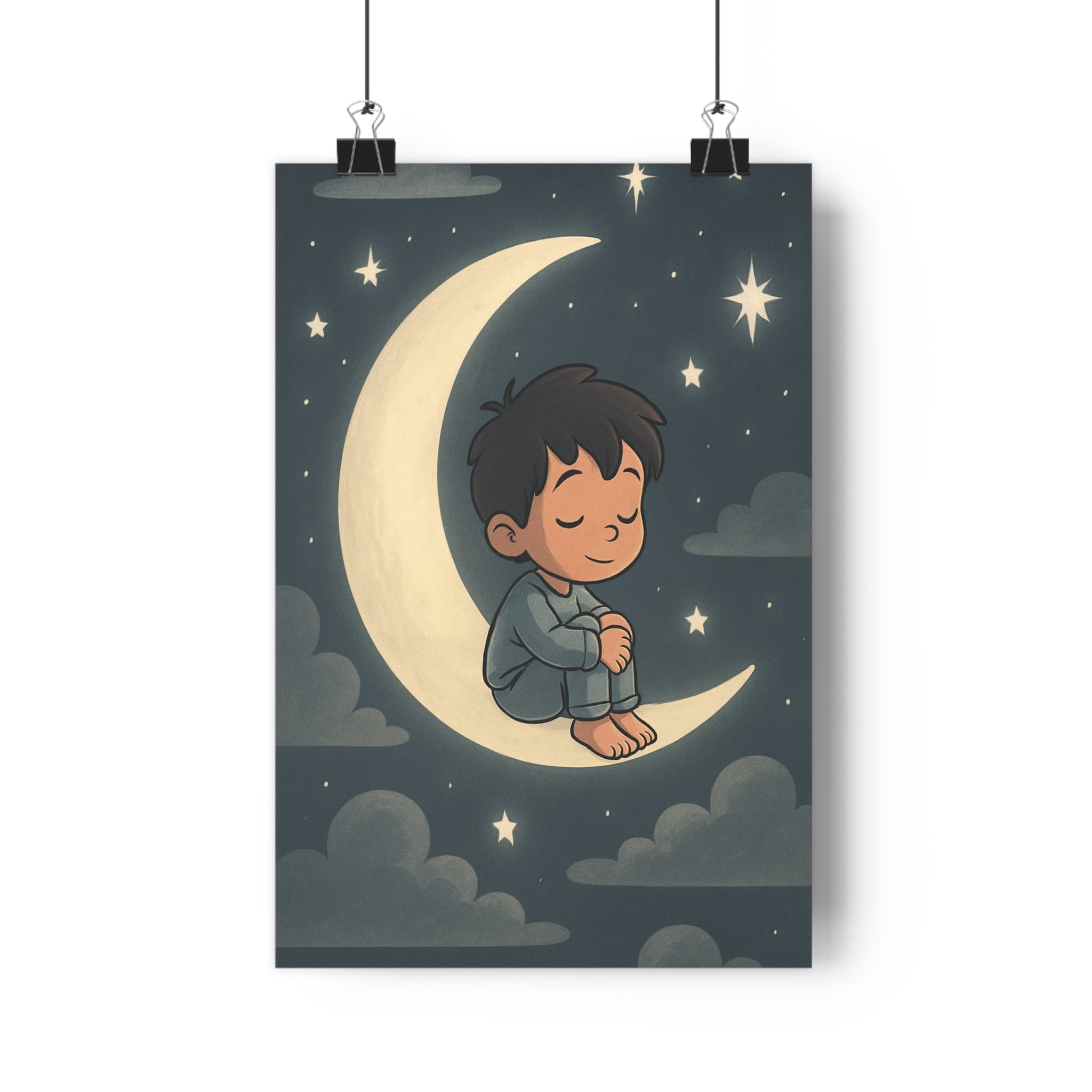 Poster décoratif enfant croissant lune noir blanc fantaisie douce rêveuse sereine chambre 30x46 cm