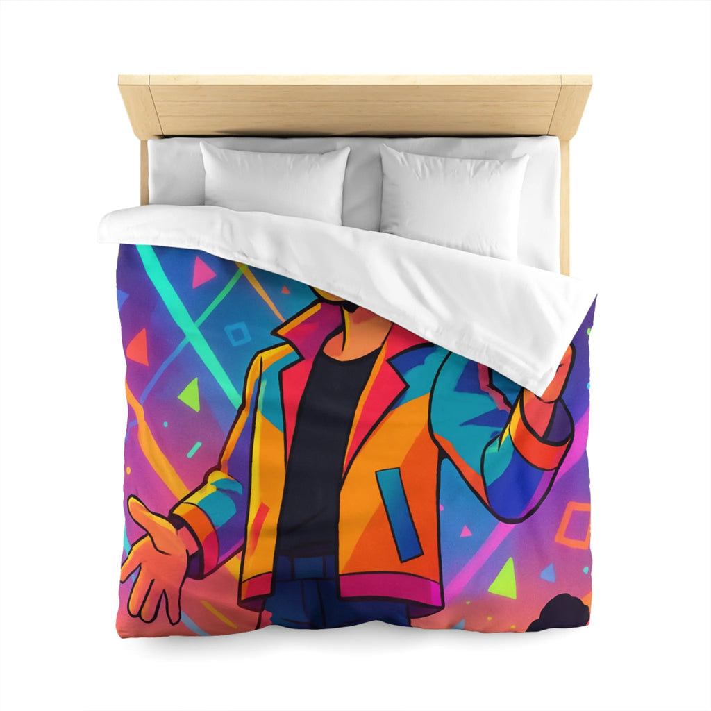 Housse de couette colorée avec personnage animé, haute énergie, motifs géométriques vibrants