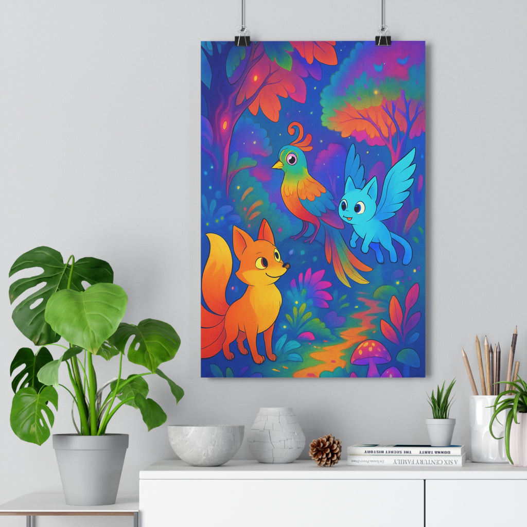 Poster décoratif féerique forêt enchantée renard orange bleu multicolore magique chambre salon 30x46 qualité