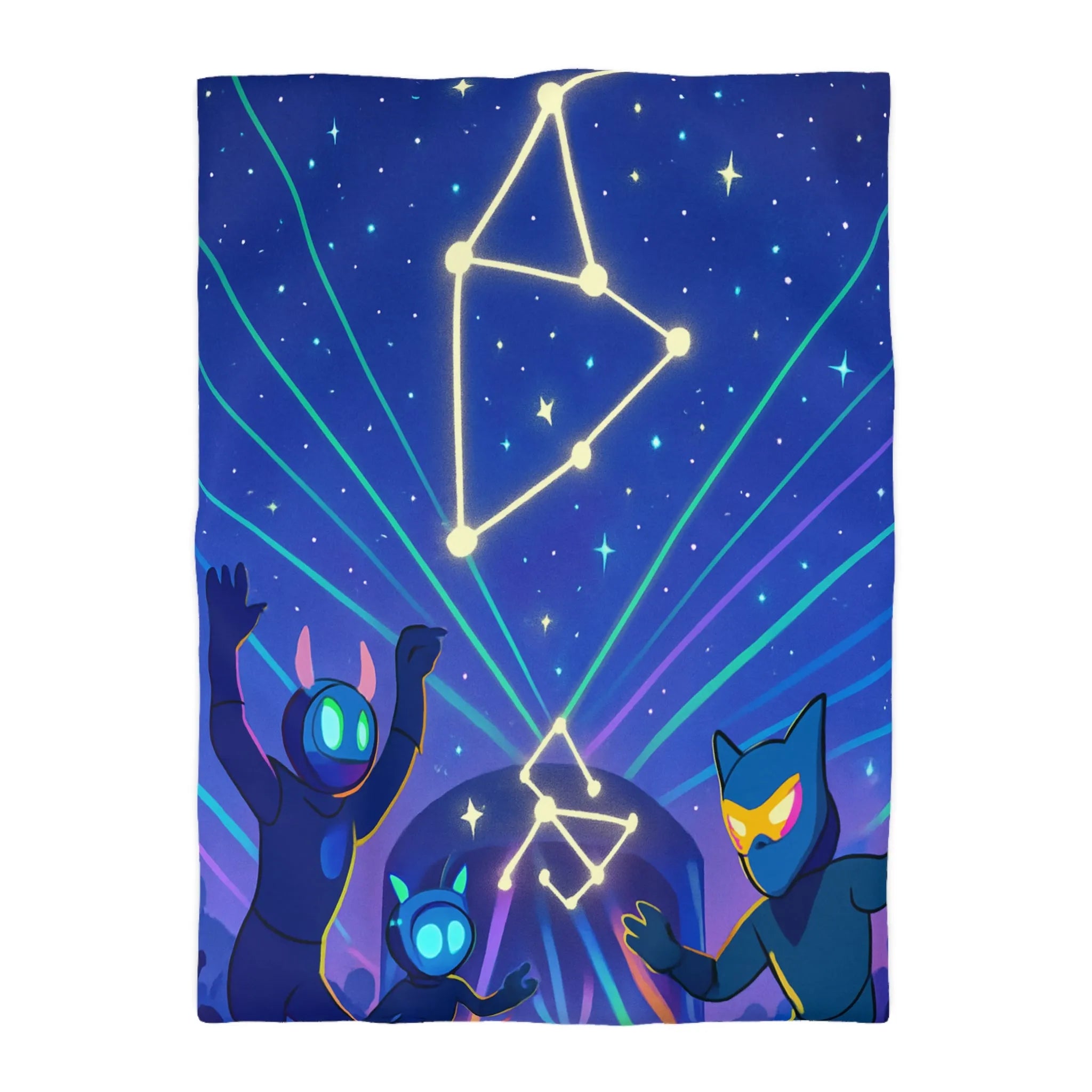 Housse de couette futuriste étoiles et créatures dansant sous un ciel étoilé lumineux