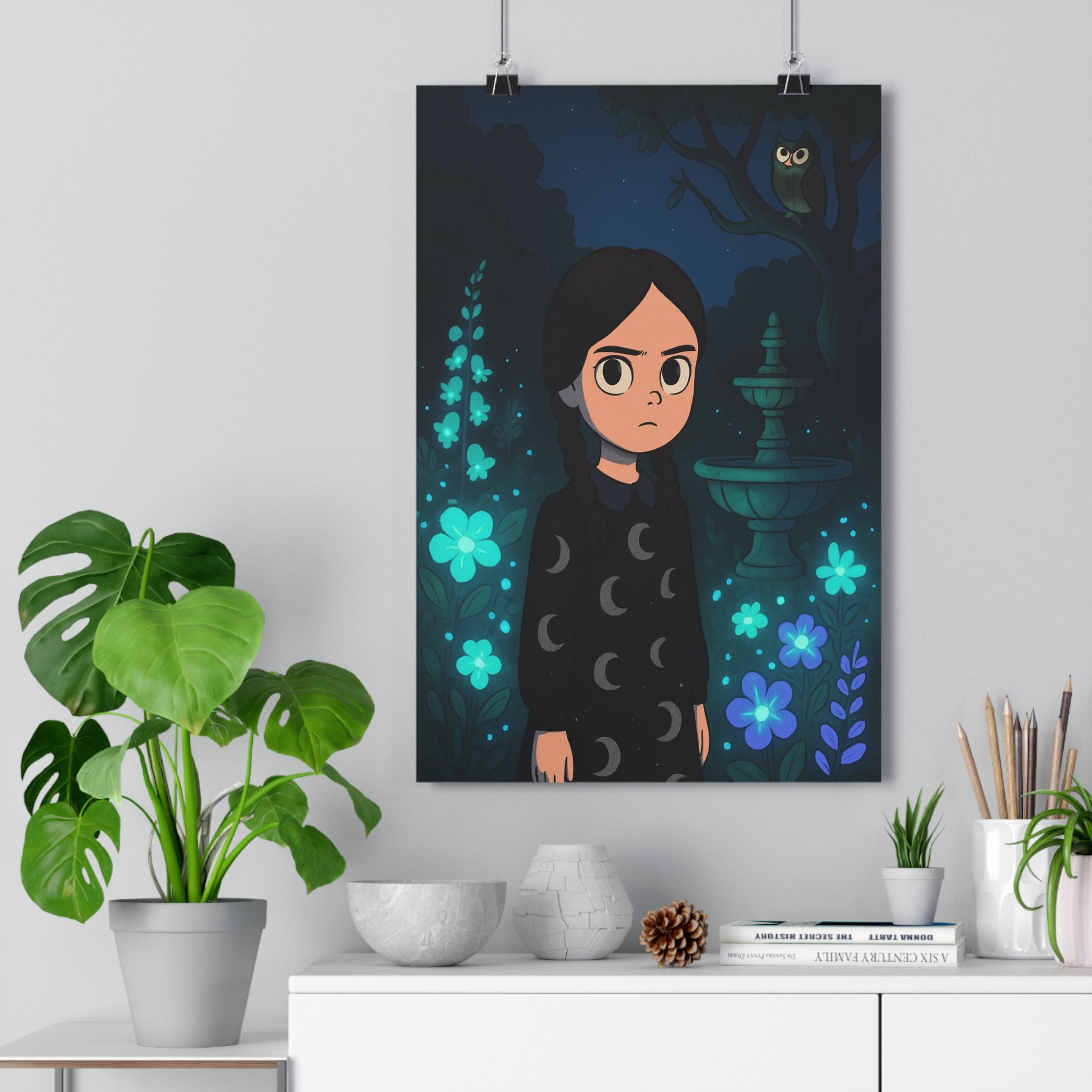 Poster décoratif nocturne jardin enchanté fille fleurs lumineuses hibou chambre enfant magique 30x46 qualité