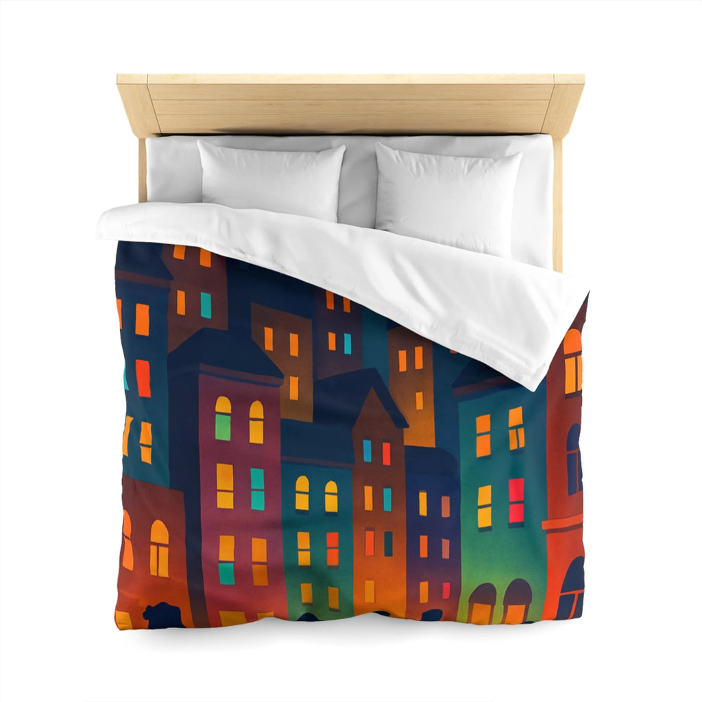 Housse de couette ambiance urbaine douce avec personnages et immeubles nocturnes stylisés