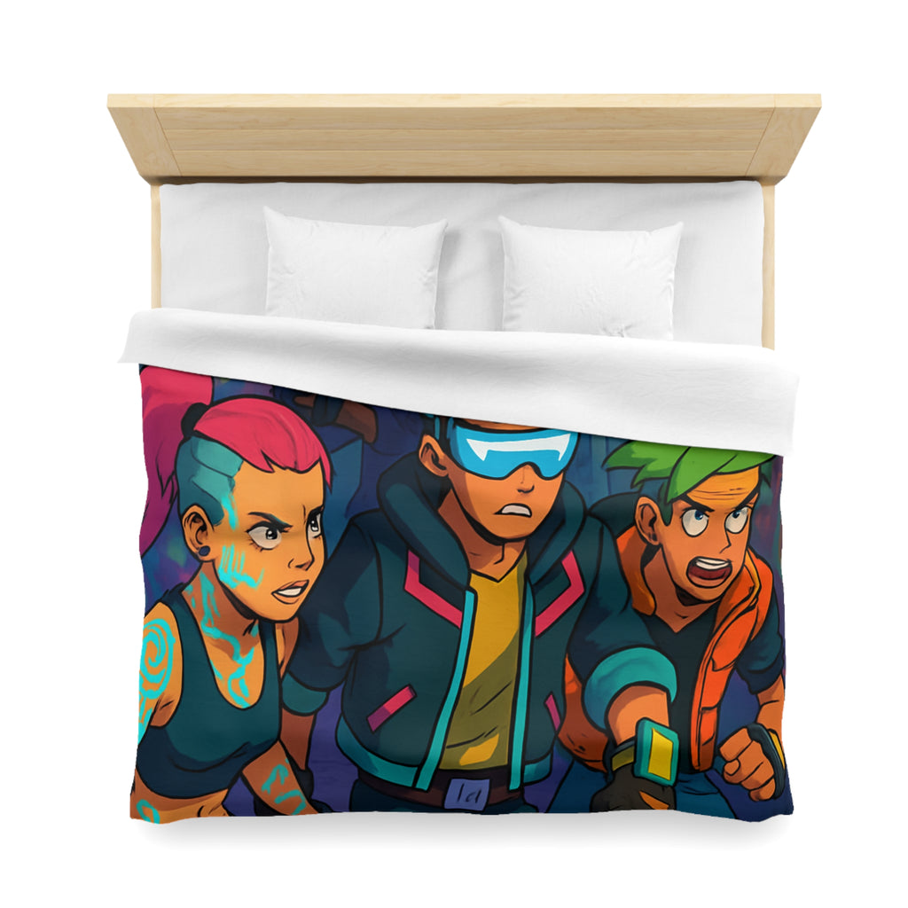 Housse de couette néon rétro avec personnages futuristes dans ruelle urbaine animée