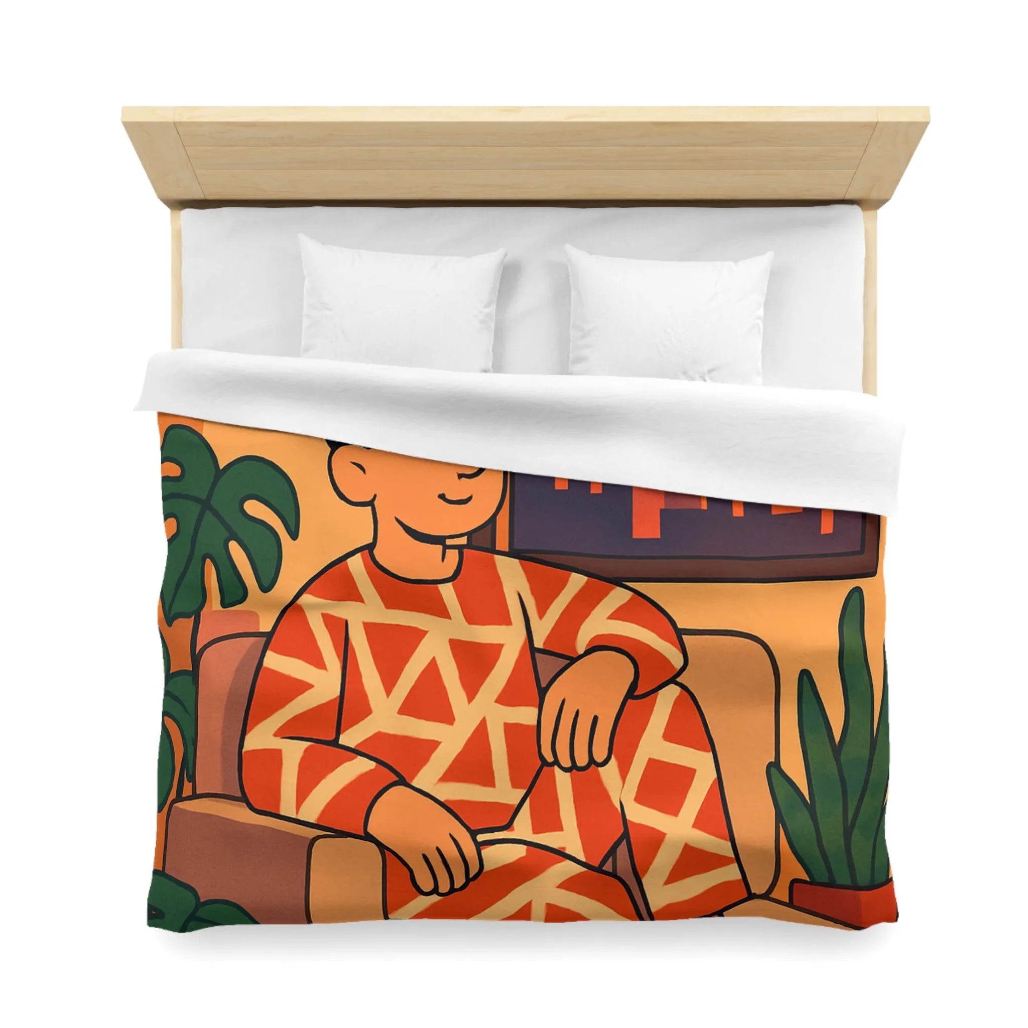 Housse de couette aux motifs géométriques avec scène de coucher de soleil en ville