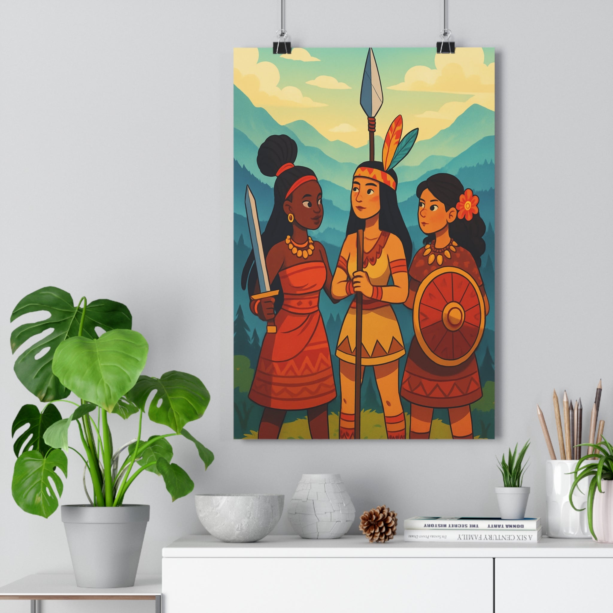 Poster décoratif anime guerrières forêt amazonienne rouge orange jaune vibrant aventure salon chambre unique