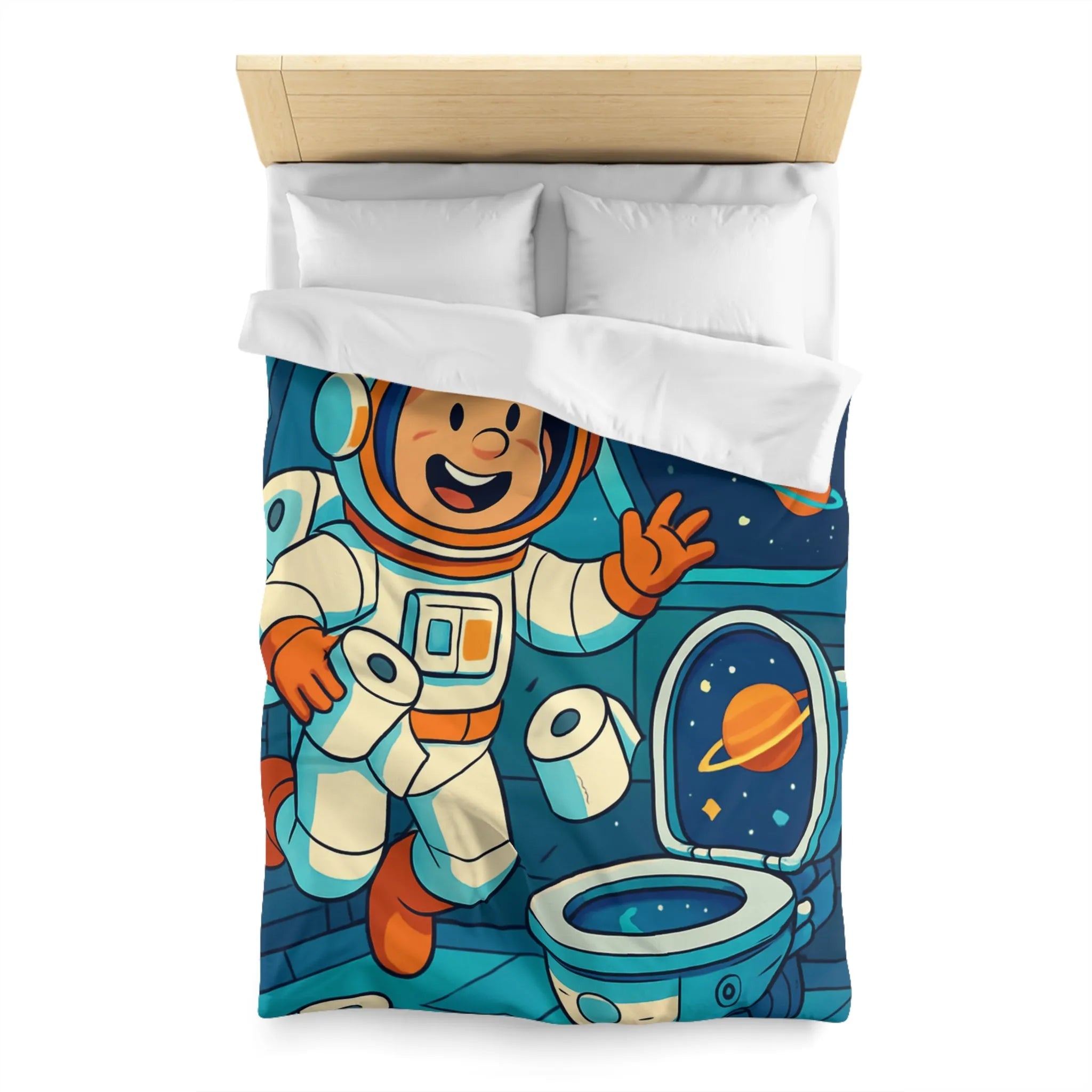Housse de couette avec astronaute joyeux en cabine spatiale avec rouleaux flottants