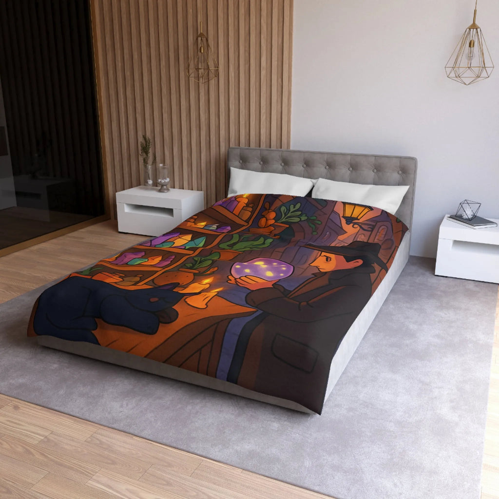 Housse de couette élégante avec scène mystique de ruelle et chat noir