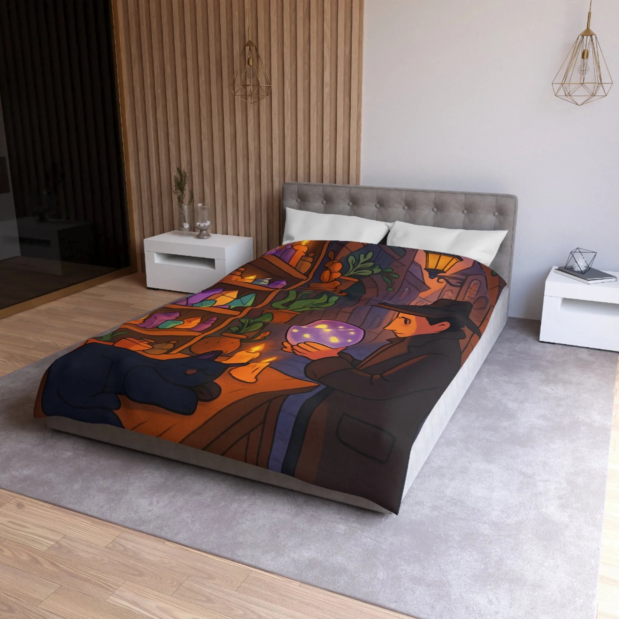 Housse de couette élégante avec scène mystique de ruelle et chat noir