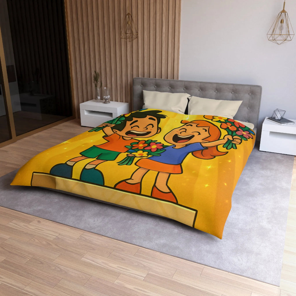 Dessin mignon d'enfants célébrant avec des bouquets de fleurs illuminés de rayons dorés