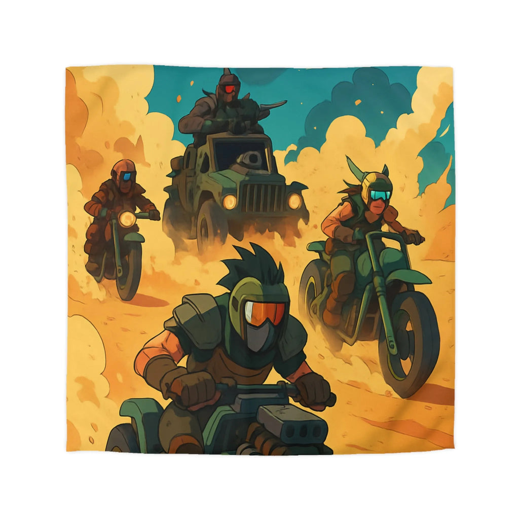 Housse de couette aventure désertique avec véhicules post-apocalyptiques et ambiance futuriste dynamique