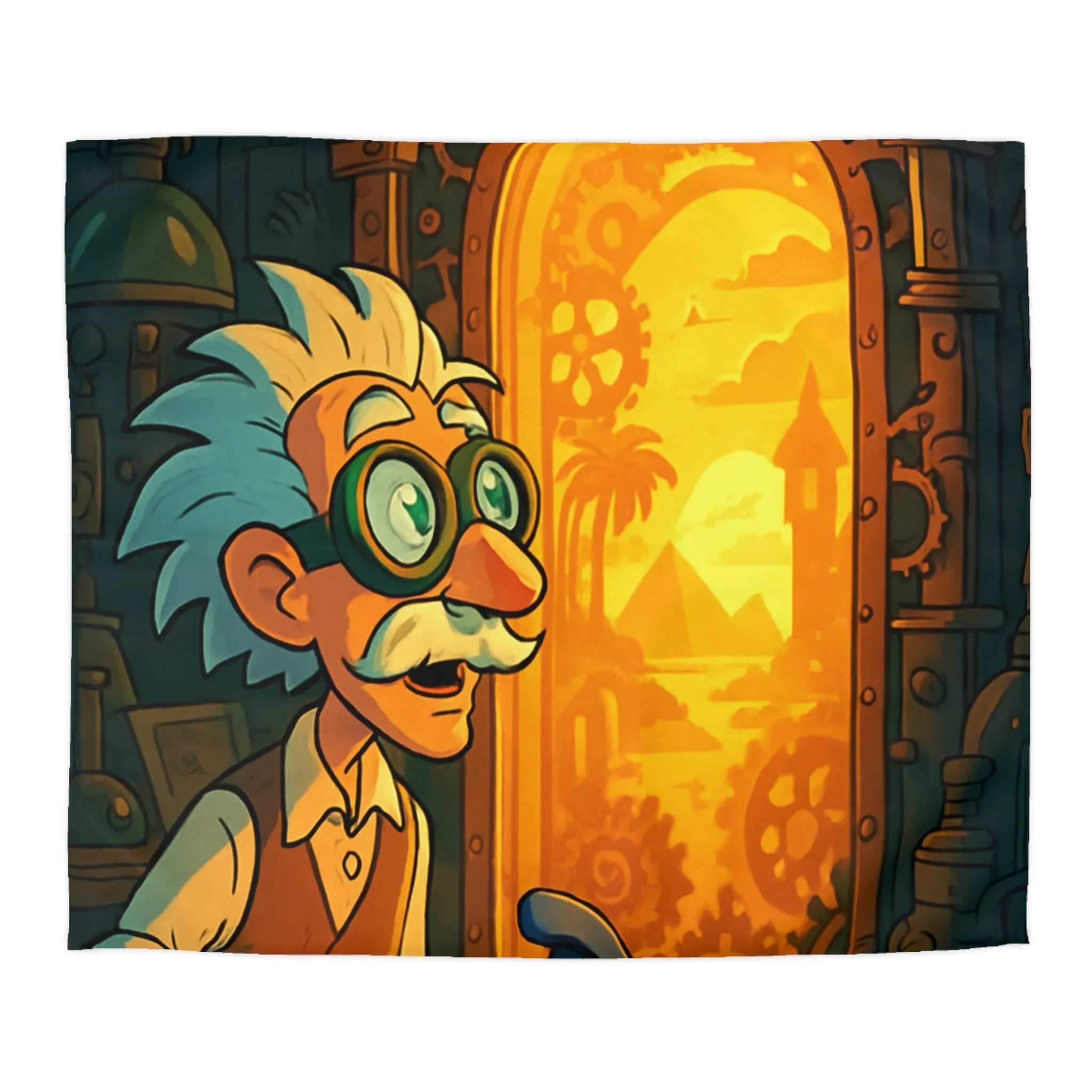 Housse de couette avec professeur inventeur et porte mystérieuse aux teintes orangées