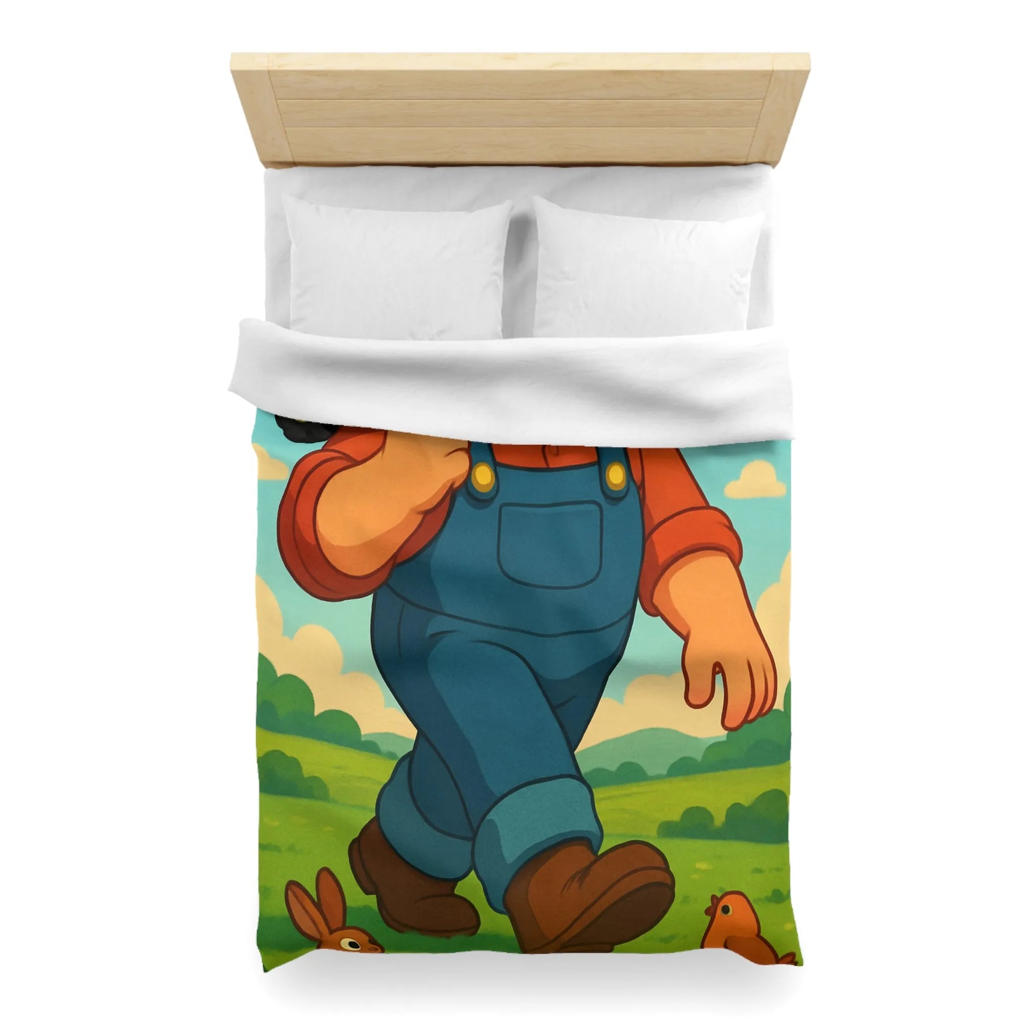 Housse de couette fermier joyeux avec animaux, arc-en-ciel et tracteur, paysage coloré