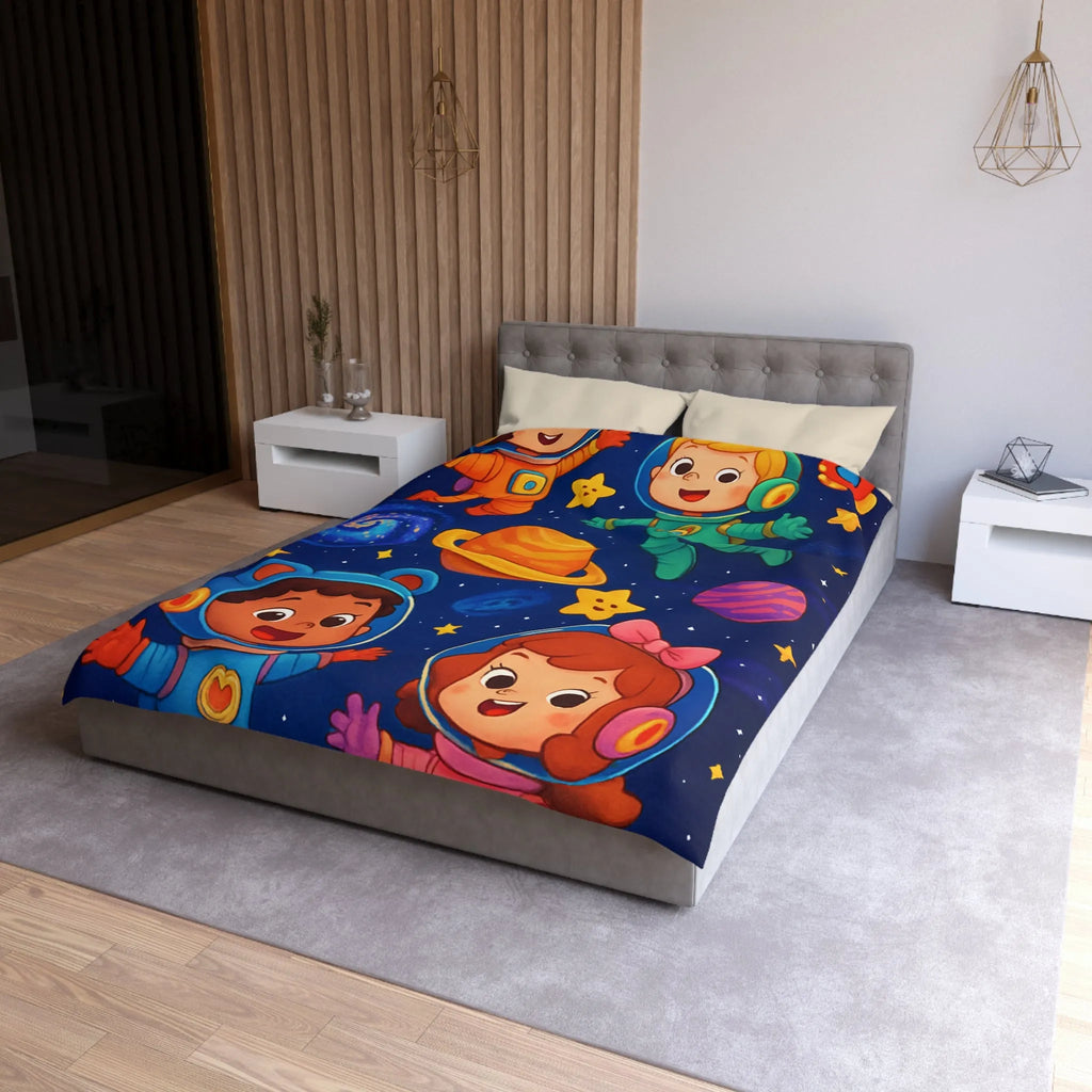 Housse de Couette Enfant : Aventure Cosmique avec Astronautes et Étoiles Colorées Stylisées