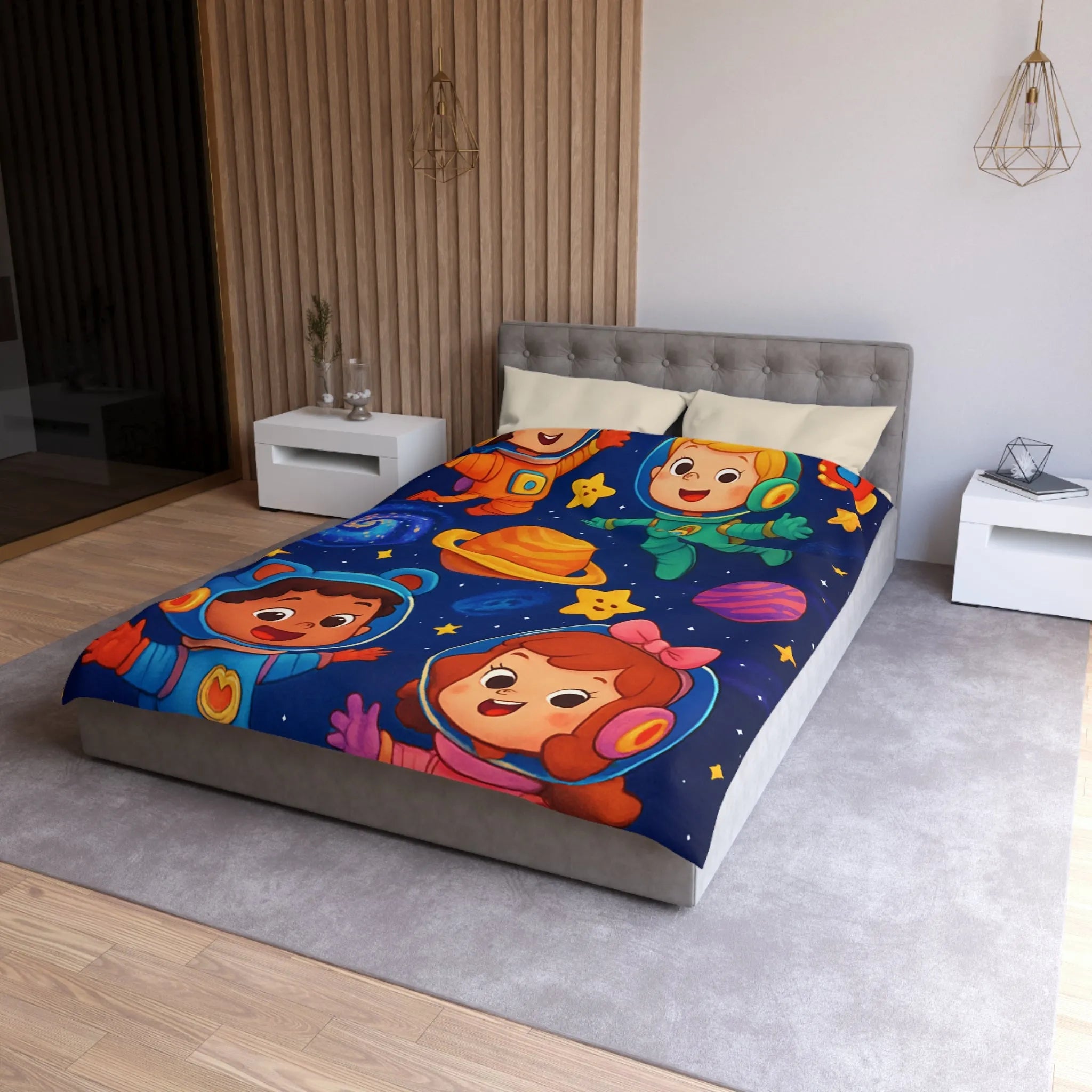 Housse de Couette Enfant : Aventure Cosmique avec Astronautes et Étoiles Colorées Stylisées