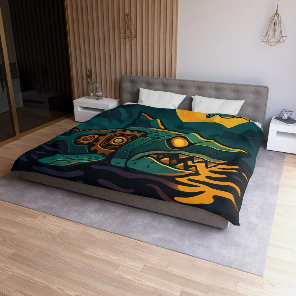 Housse de couette colorée avec requin mécanique sous lune dorée et oiseaux stylisés